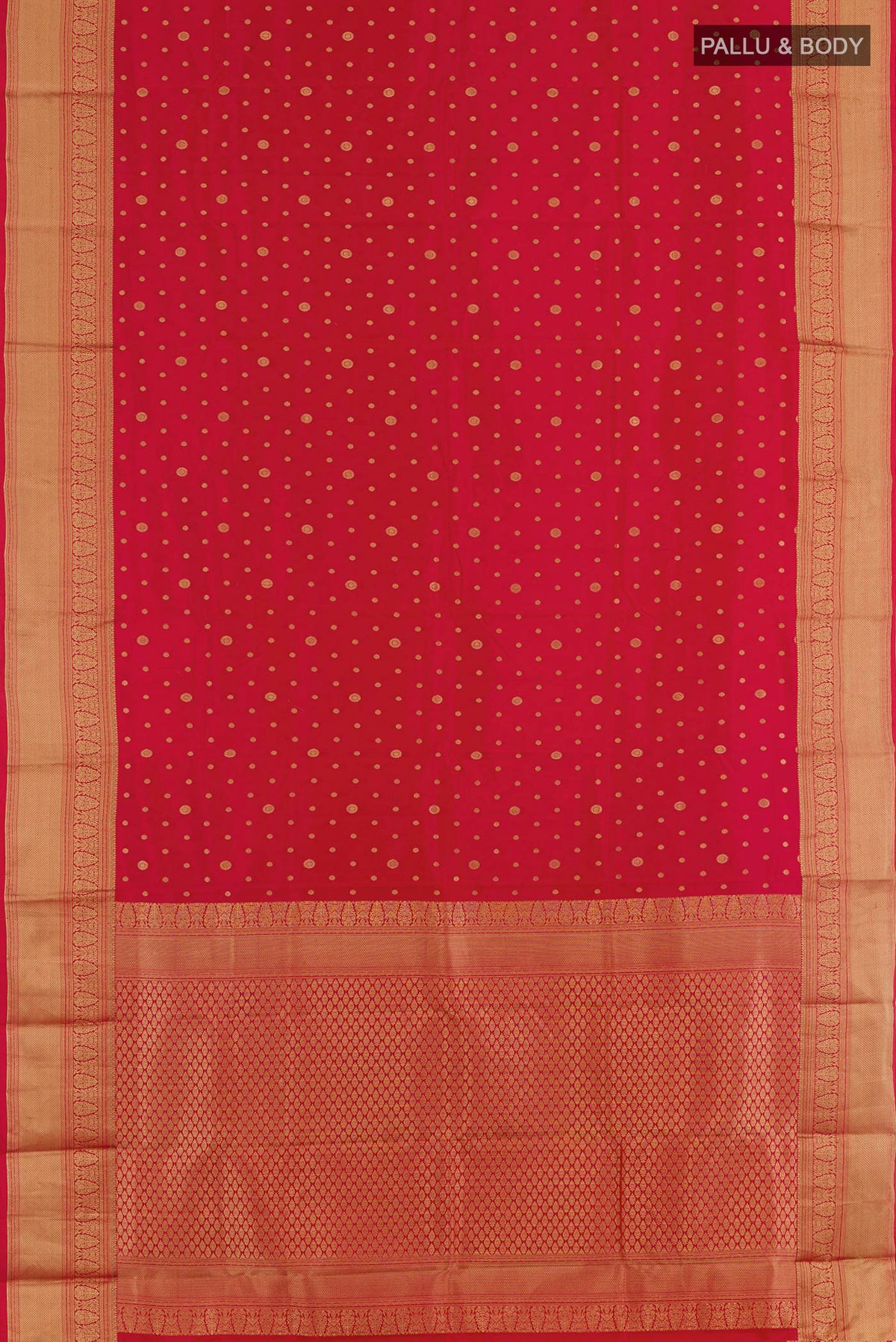 Flat view of Red Kanjivaram Silk Saree with Zari Butta on the body and Zari Border. 
