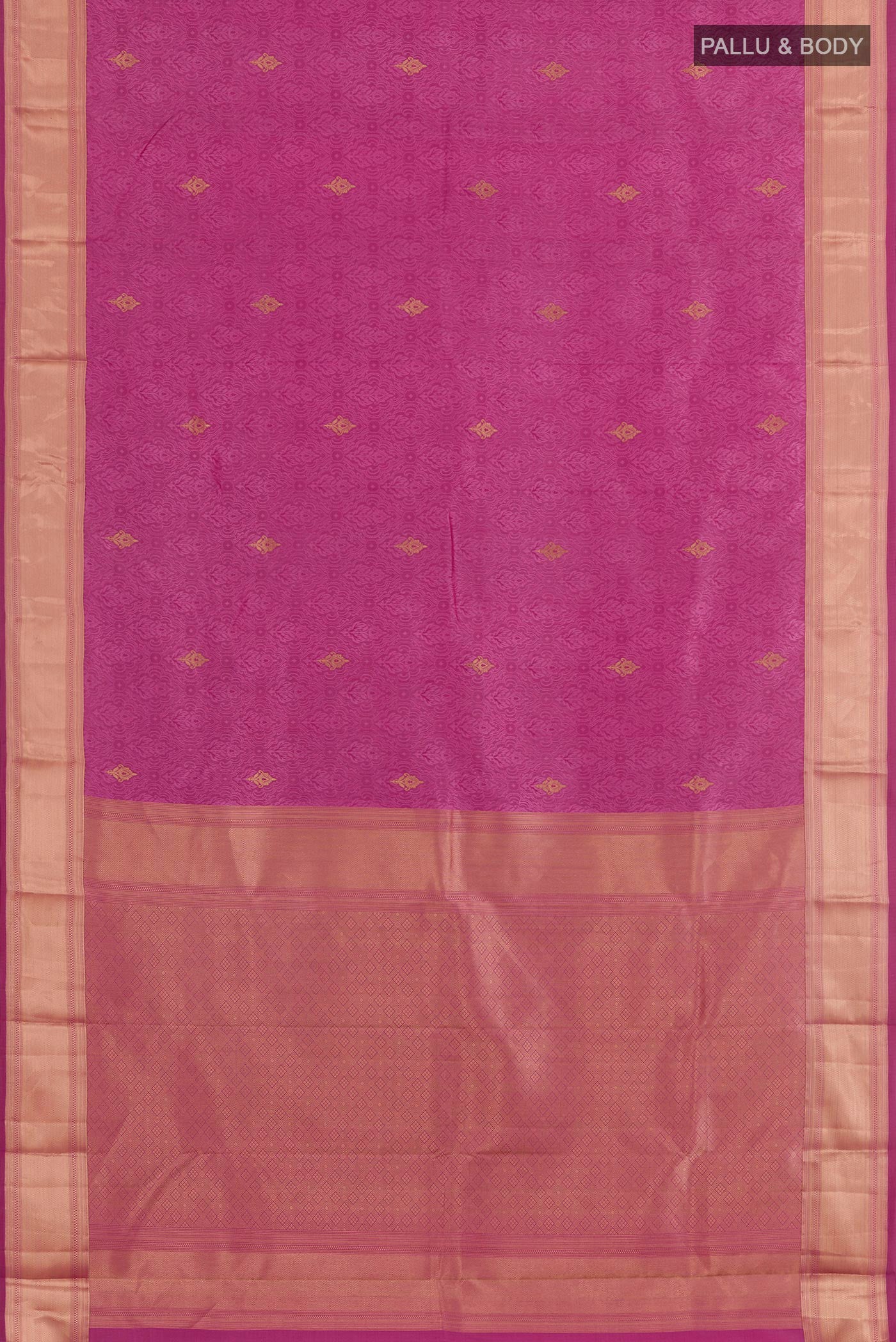 Flat view of Lavender Kanjivaram Silk Saree with Jacquard With Zari Butta on the body and Temple Border. 