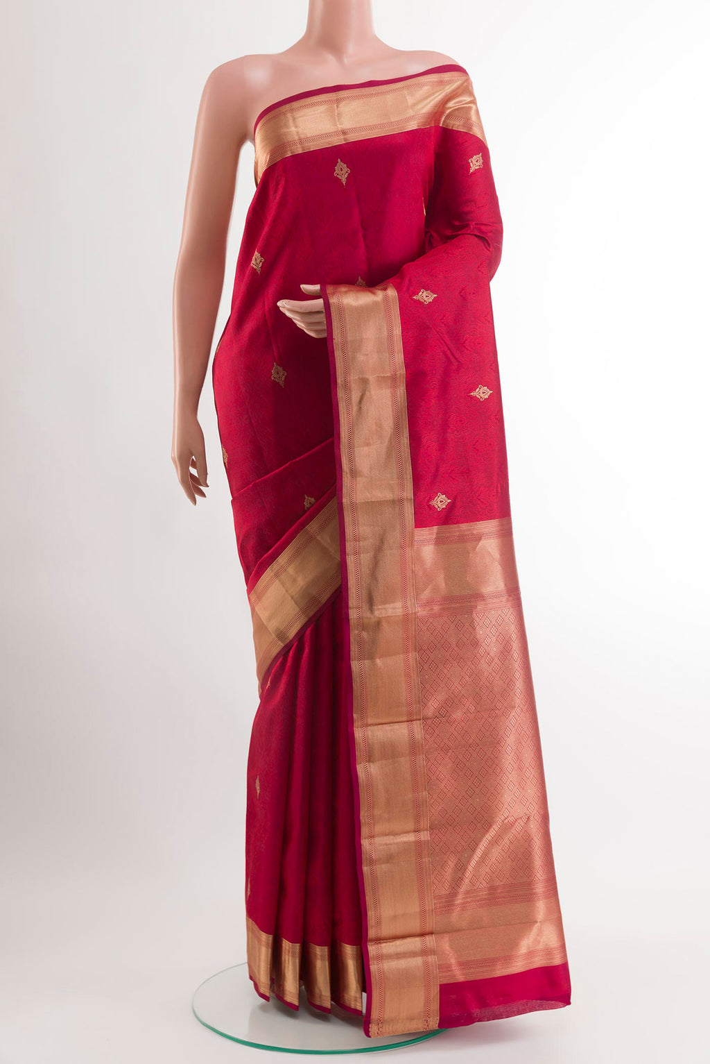 Red Kanjivaram Silk Saree with Jacquard With Zari Butta on the body and Temple Border.  displayed on a mannequin