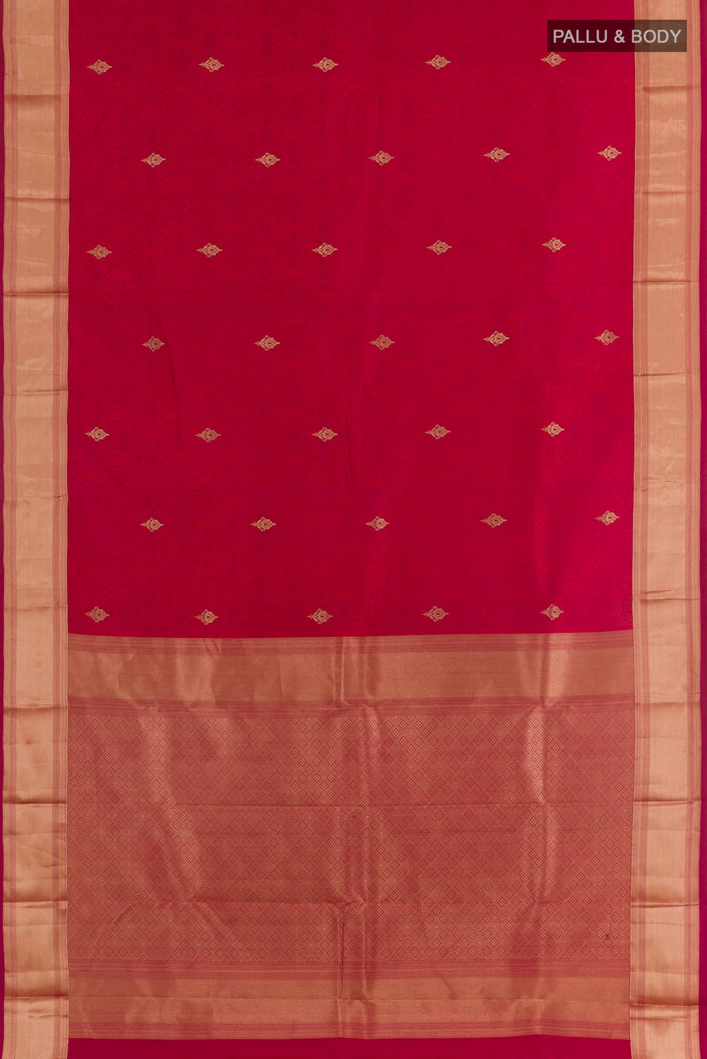 Flat view of Red Kanjivaram Silk Saree with Jacquard With Zari Butta on the body and Temple Border. 