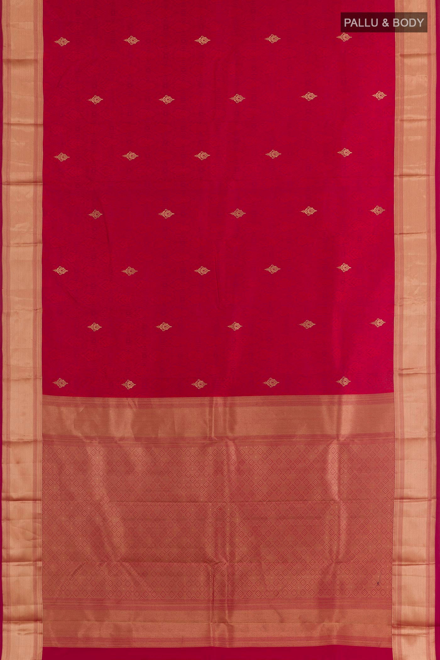 Flat view of Red Kanjivaram Silk Saree with Jacquard With Zari Butta on the body and Temple Border. 