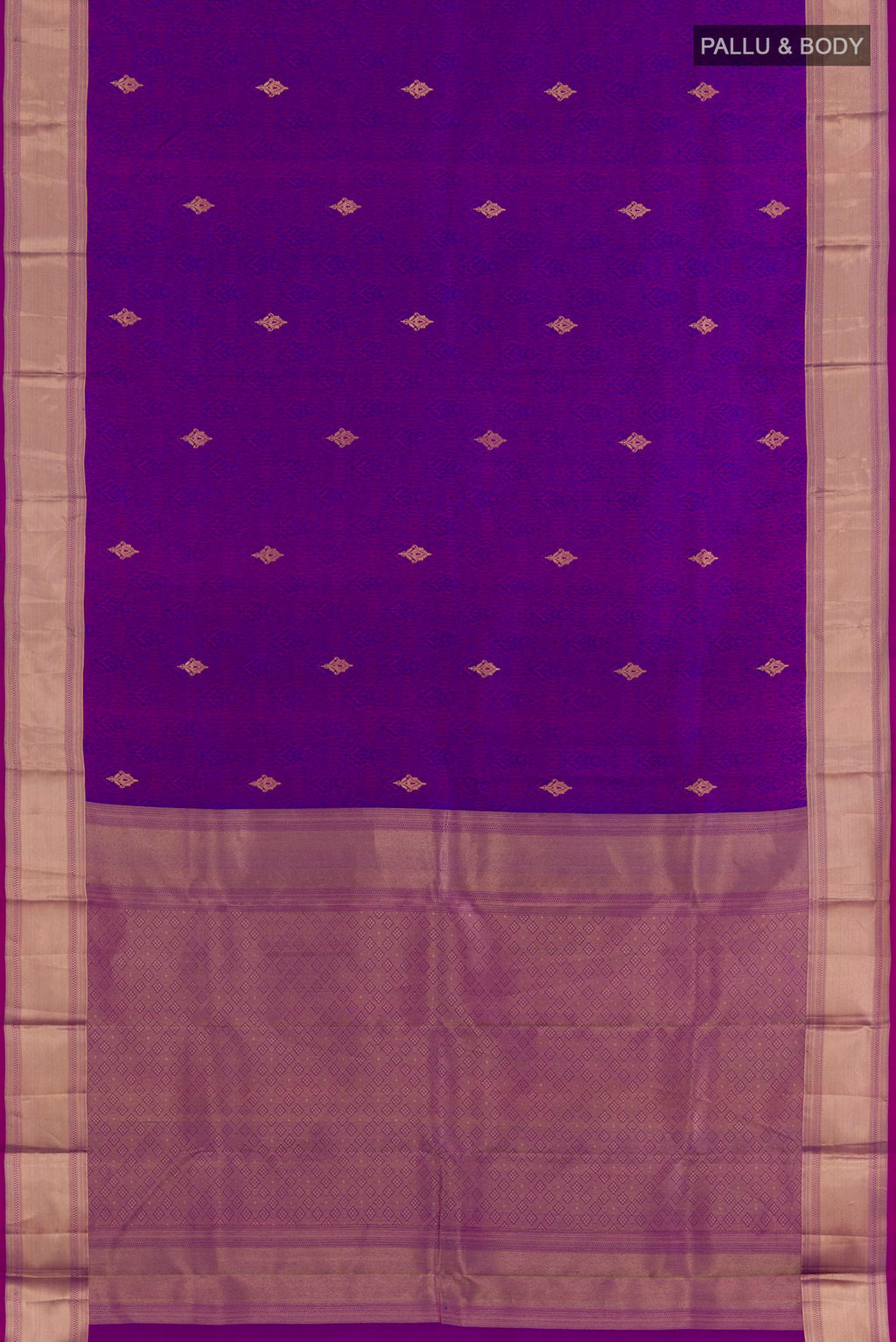Flat view of Purple Kanjivaram Silk Saree with Jacquard With Zari Butta on the body and Temple Border. 