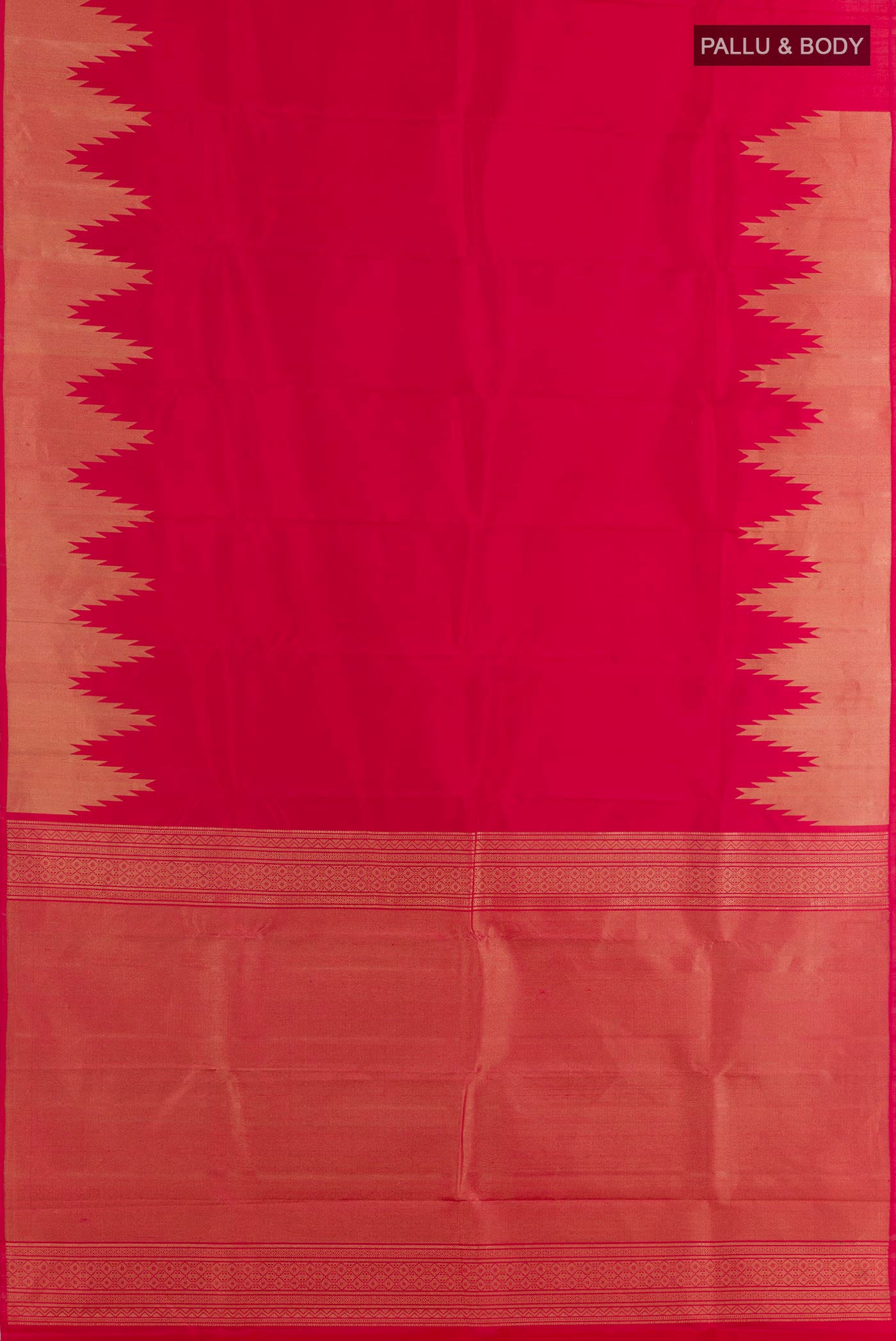 Flat view of Red Kanchipuram Silk Saree with Zari Butta on the body and Zari Border. 