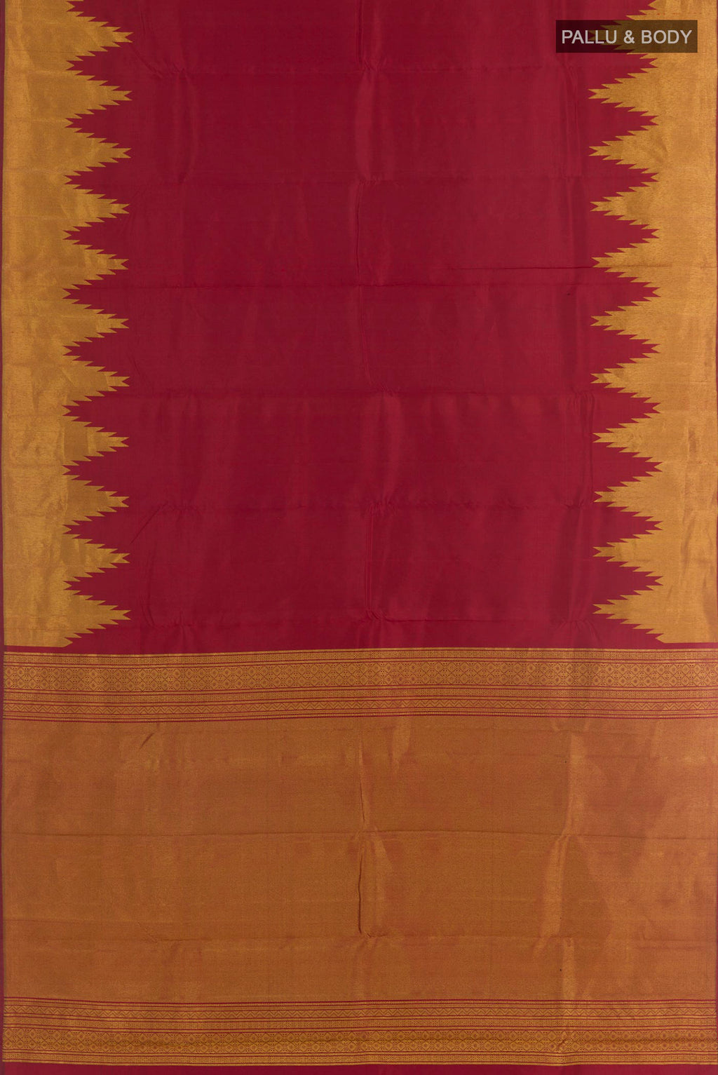Flat view of Maroon Kanchipuram Silk Saree with Plain Body and Temple Border. 