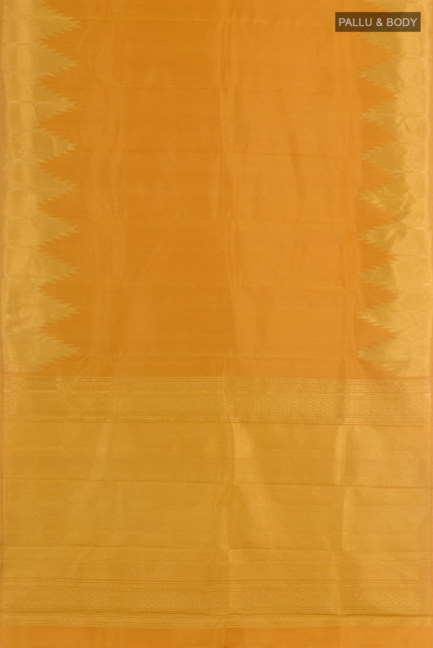 Flat view of Yellow Dual Tone Kanchipuram Silk Saree with Zari Butta on the body and Temple Border. 