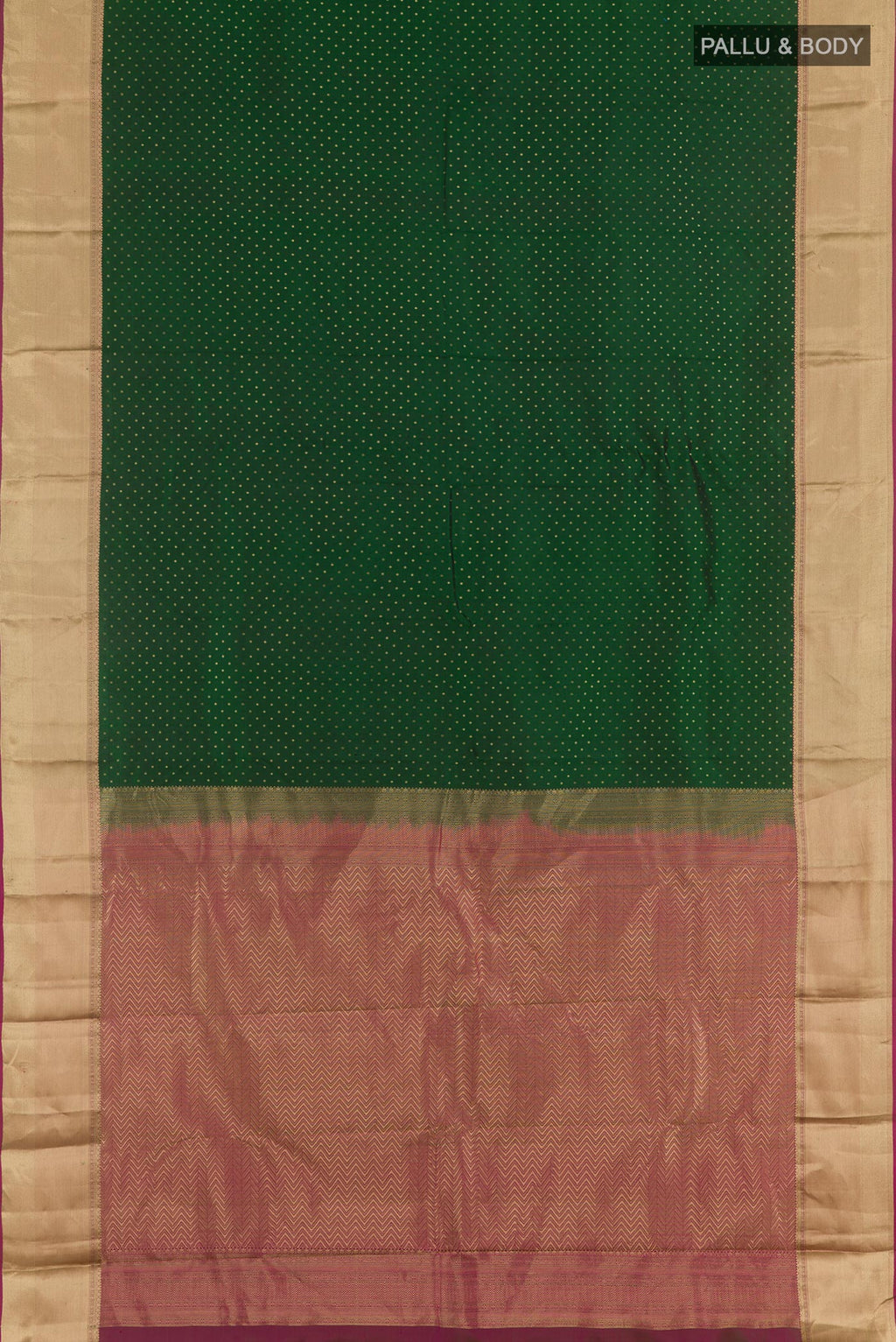 Flat view of Bottle Green Kanjivaram Silk Saree with Zari Butta on the body and Zari Border. 