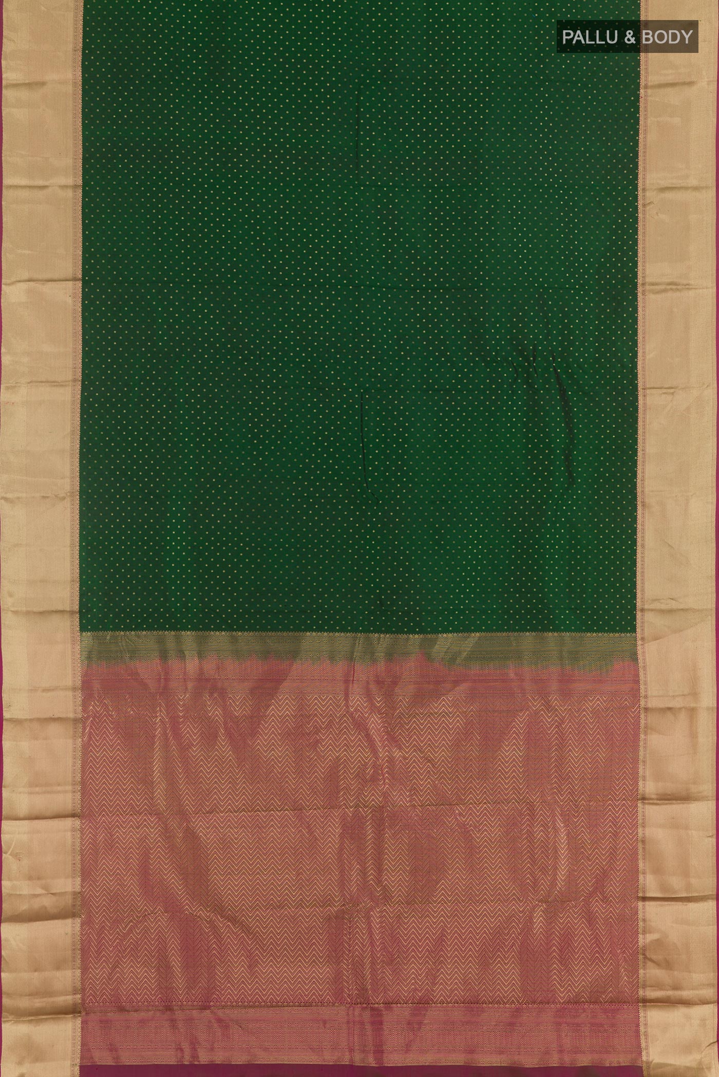 Flat view of Bottle Green Kanjivaram Silk Saree with Zari Butta on the body and Zari Border. 
