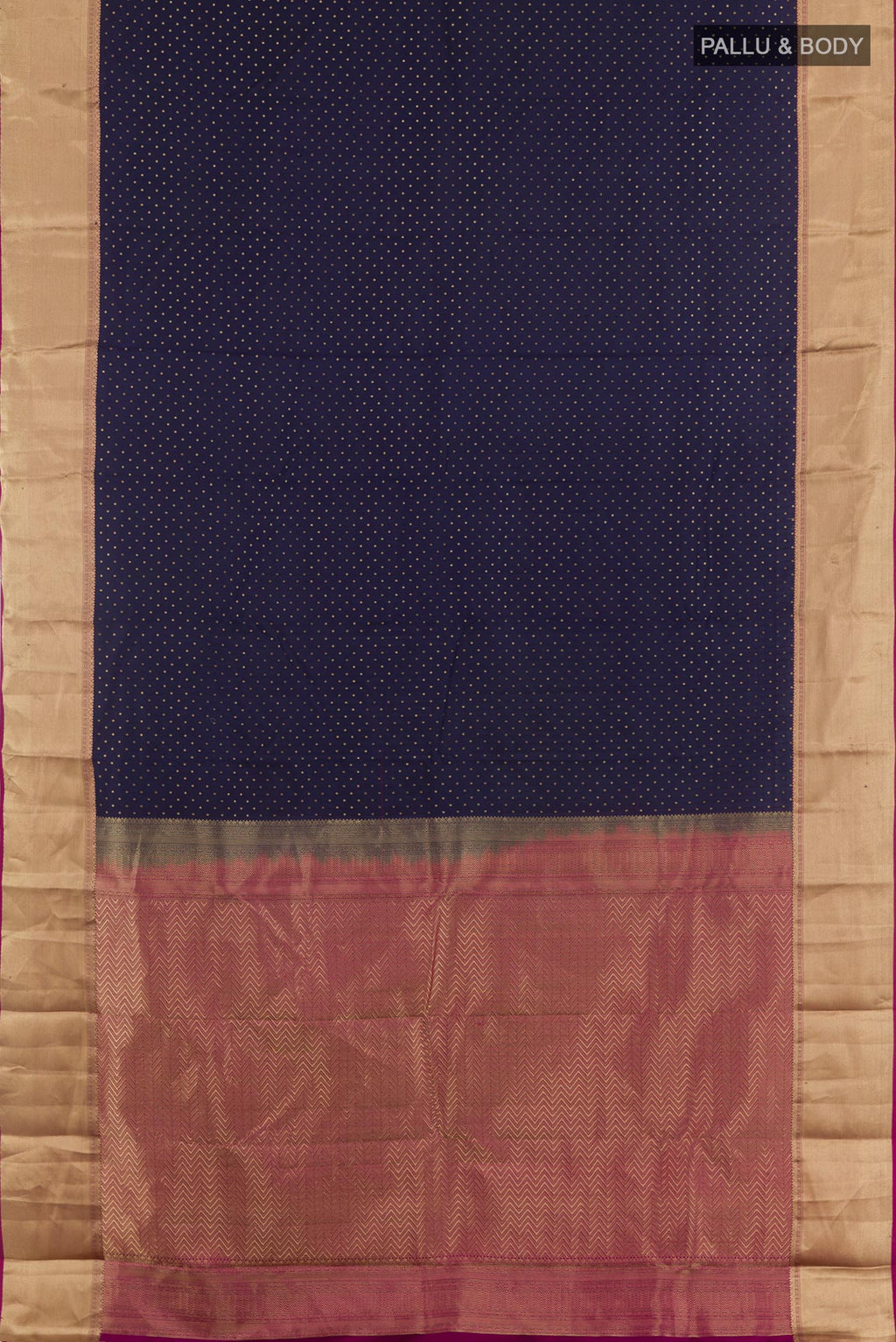 Flat view of Dark Blue Kanjivaram Silk Saree with Zari Butta on the body and Zari Border. 