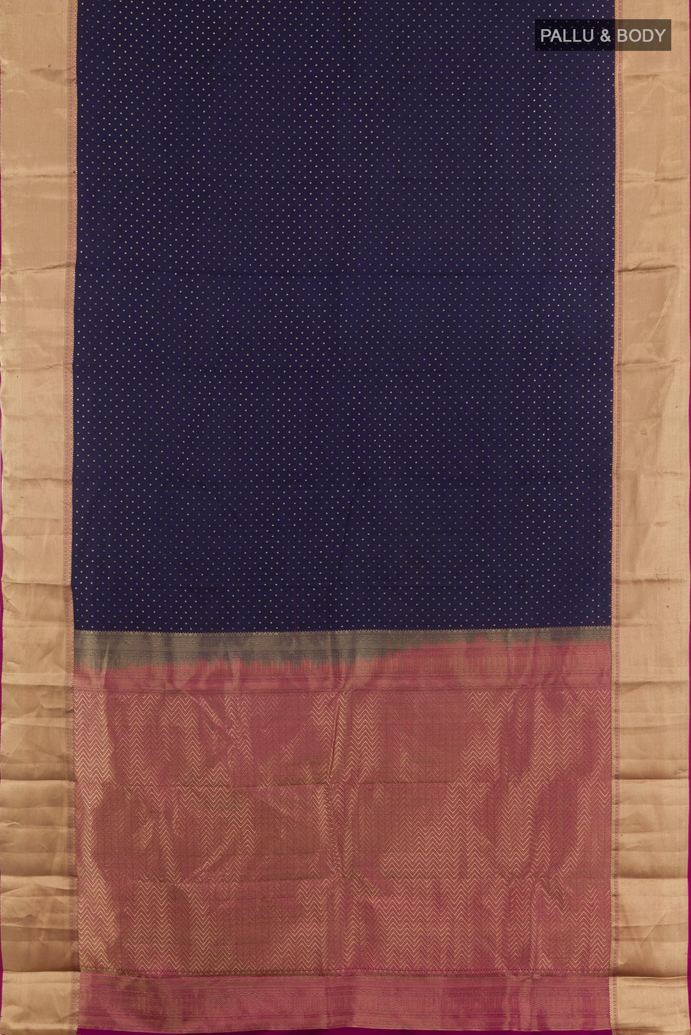 Flat view of Dark Blue Kanjivaram Silk Saree with Zari Butta on the body and Zari Border. 