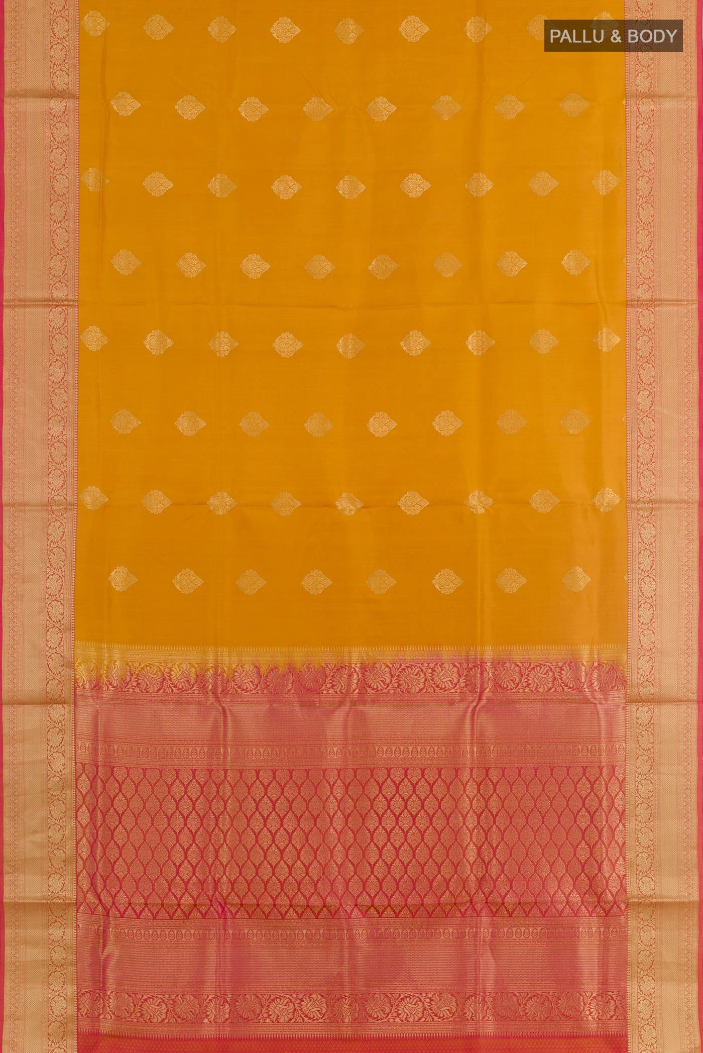 Flat view of Yellow Soft Silk Saree with Zari Butta on the body and Zari Border. 
