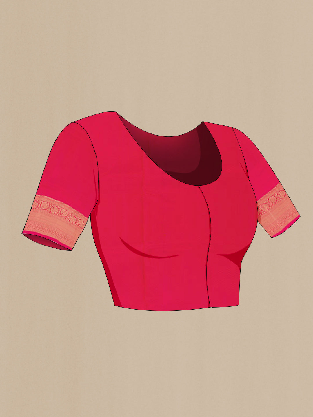 Close up image of the blouse of Red Dual Tone Soft Silk Saree with Zari Butta on the body and Zari Border. 