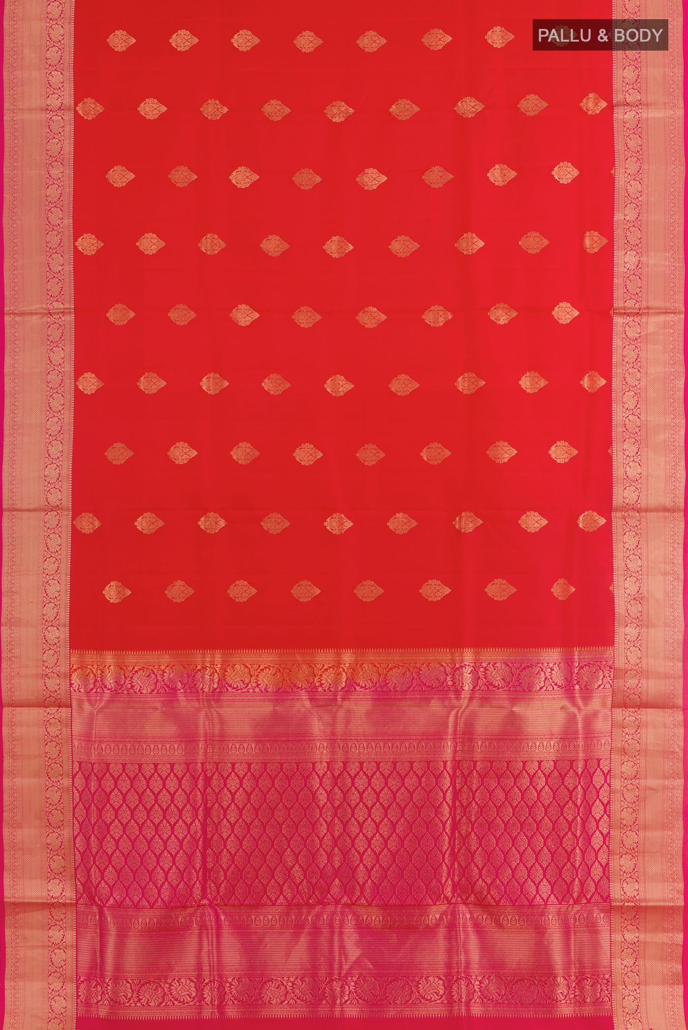 Flat view of Red Dual Tone Soft Silk Saree with Zari Butta on the body and Zari Border. 
