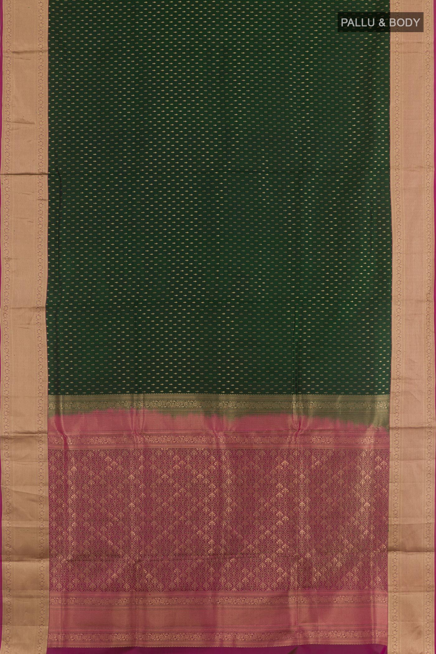 Flat view of Green Soft Silk Saree with Zari Butta on the body and Zari Border. 
