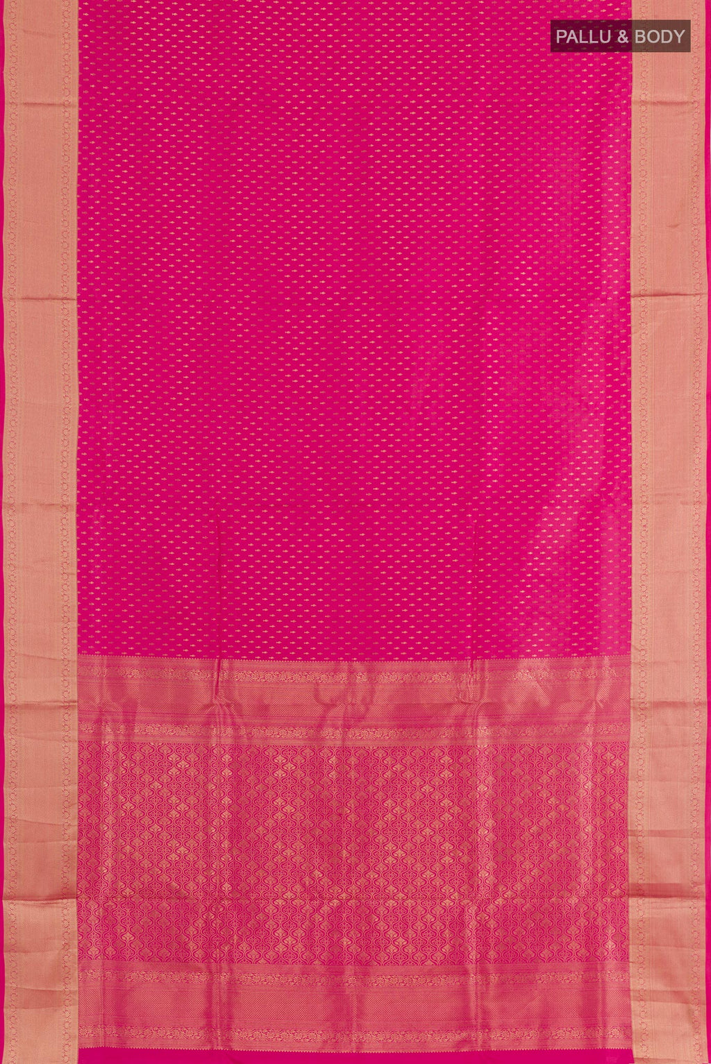 Flat view of Pink Soft Silk Saree with Zari Butta on the body and Zari Border. 