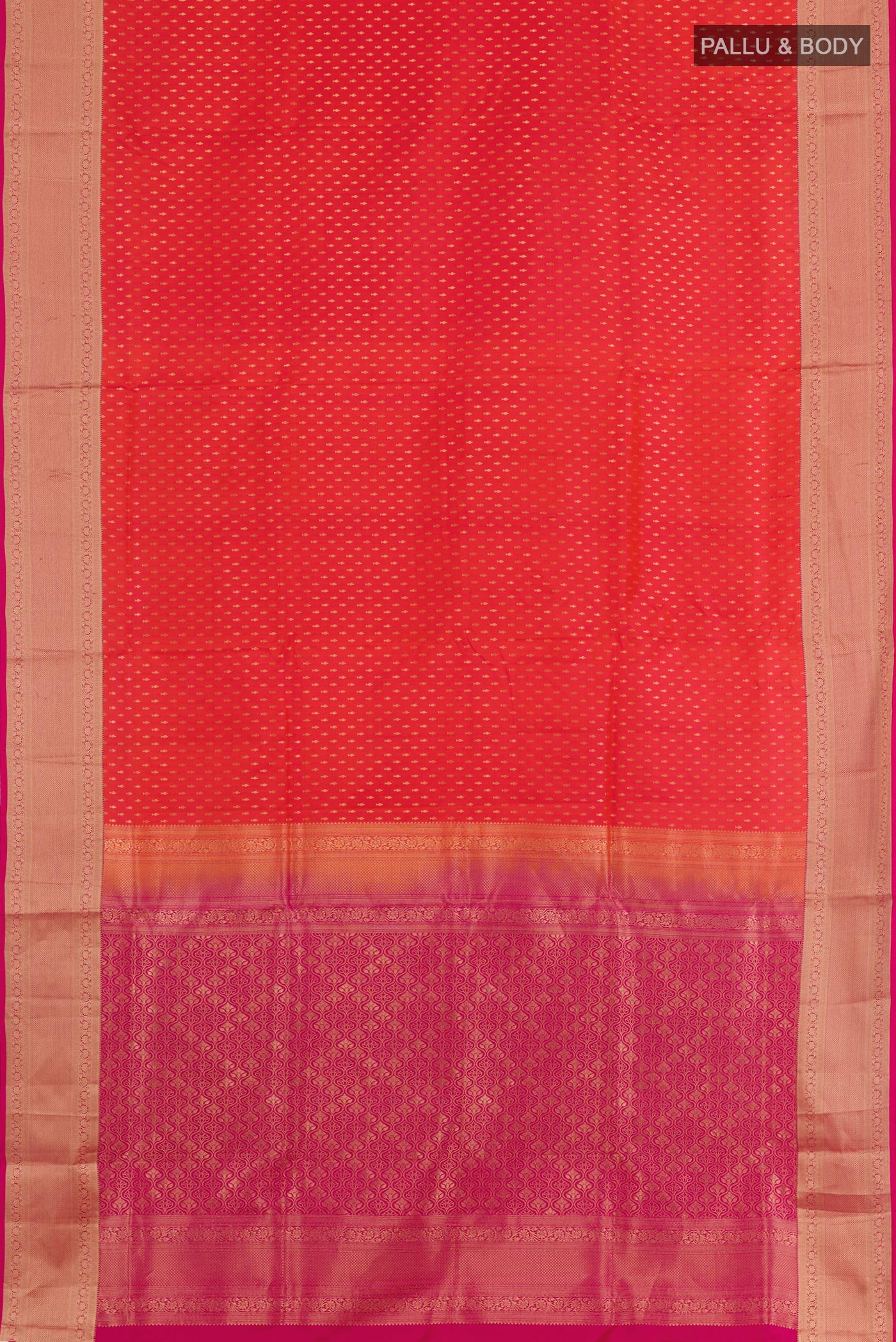 Flat view of Red Soft Silk Saree with Zari Butta on the body and Zari Border. 