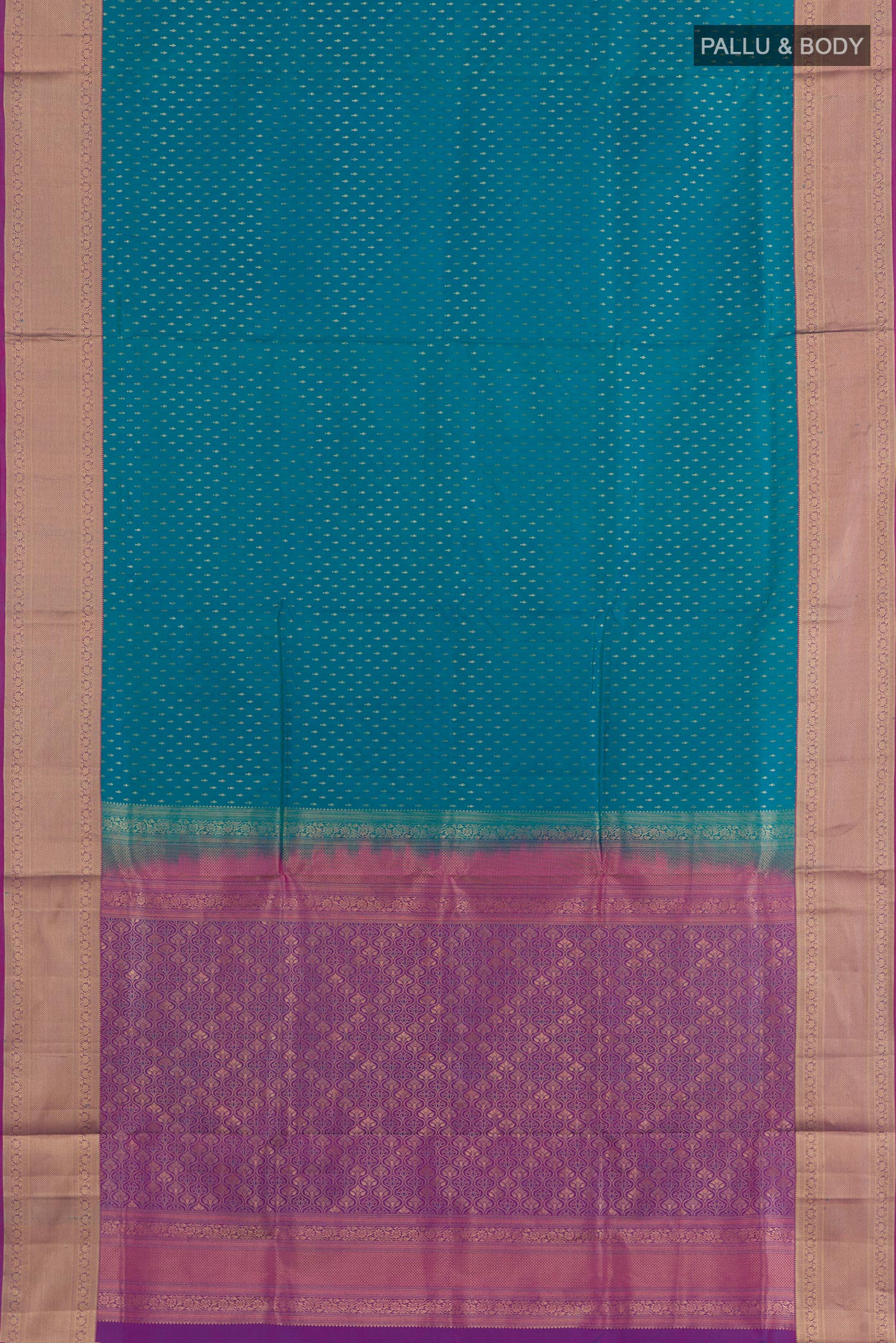 Flat view of Blue Soft Silk Saree with Zari Butta on the body and Zari Border. 