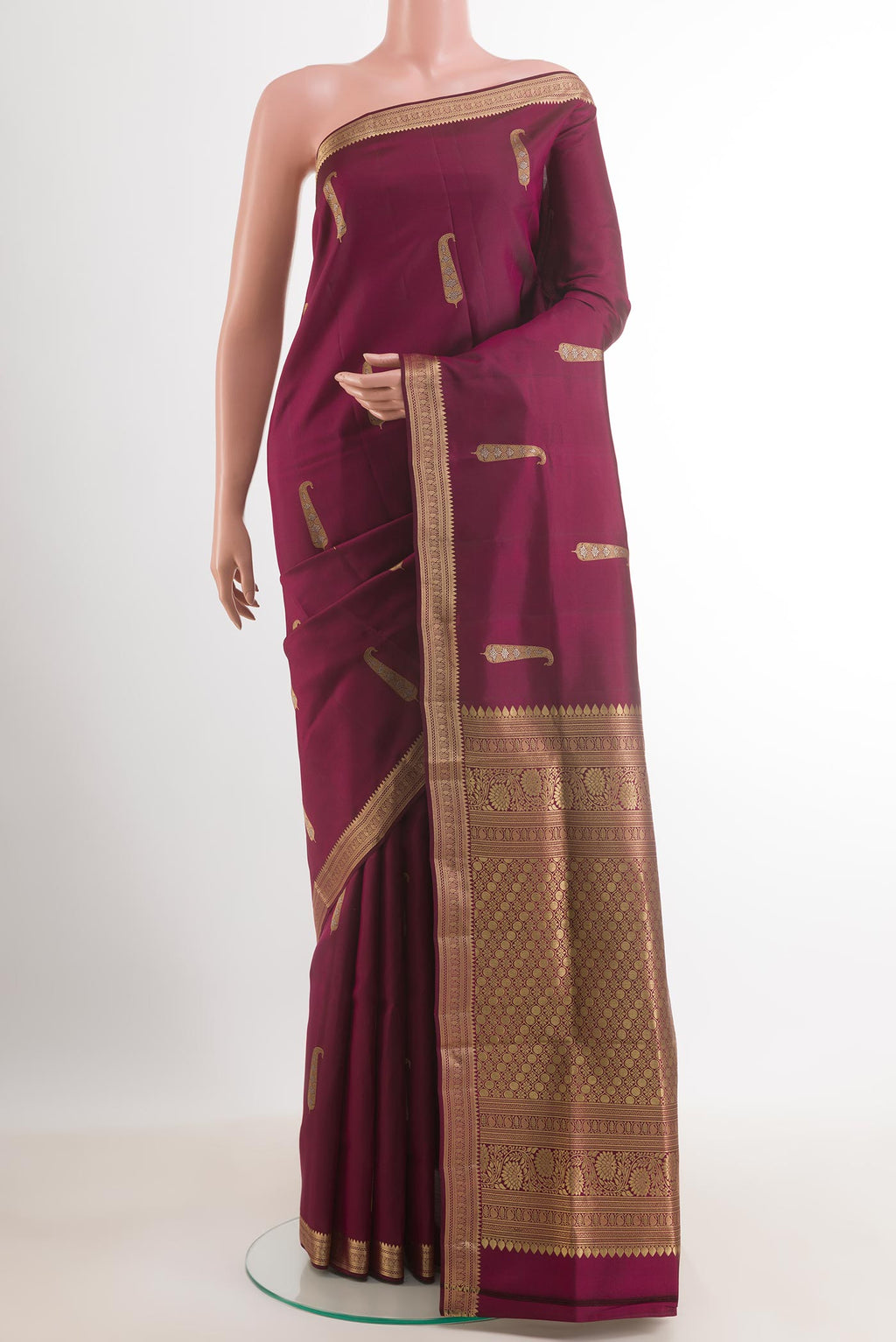 Purple Dual Tone Soft Silk Saree with Zari Butta on the body and Zari Border.  displayed on a mannequin