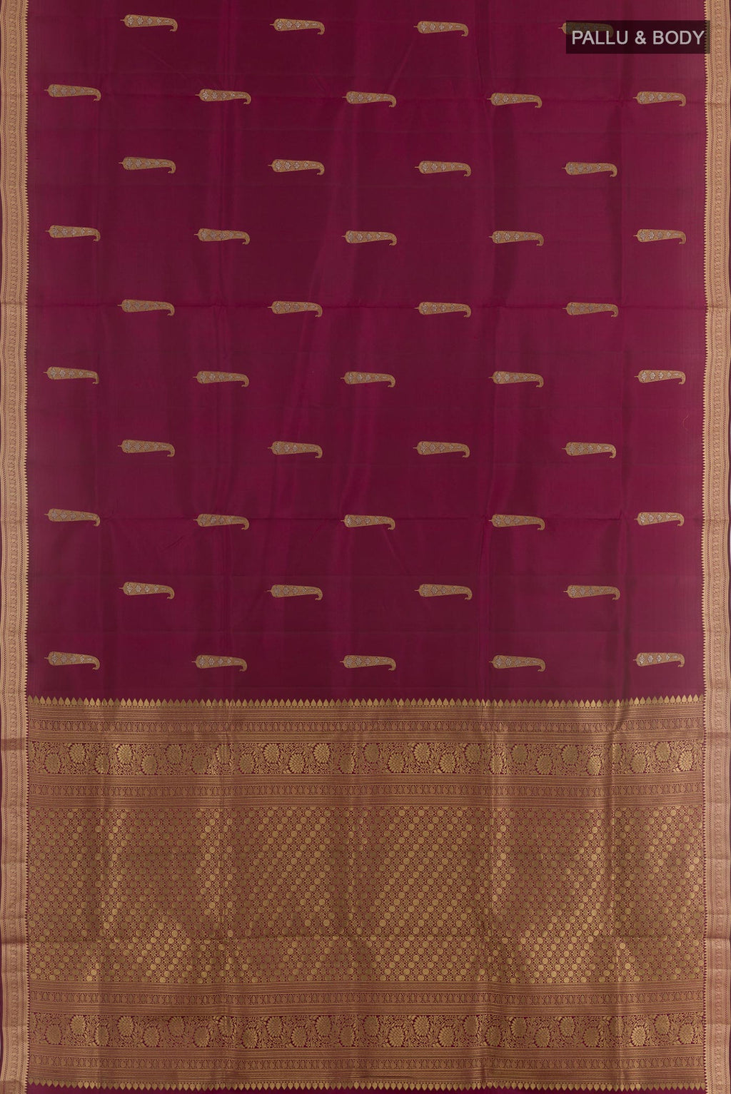 Flat view of Purple Dual Tone Soft Silk Saree with Zari Butta on the body and Zari Border. 