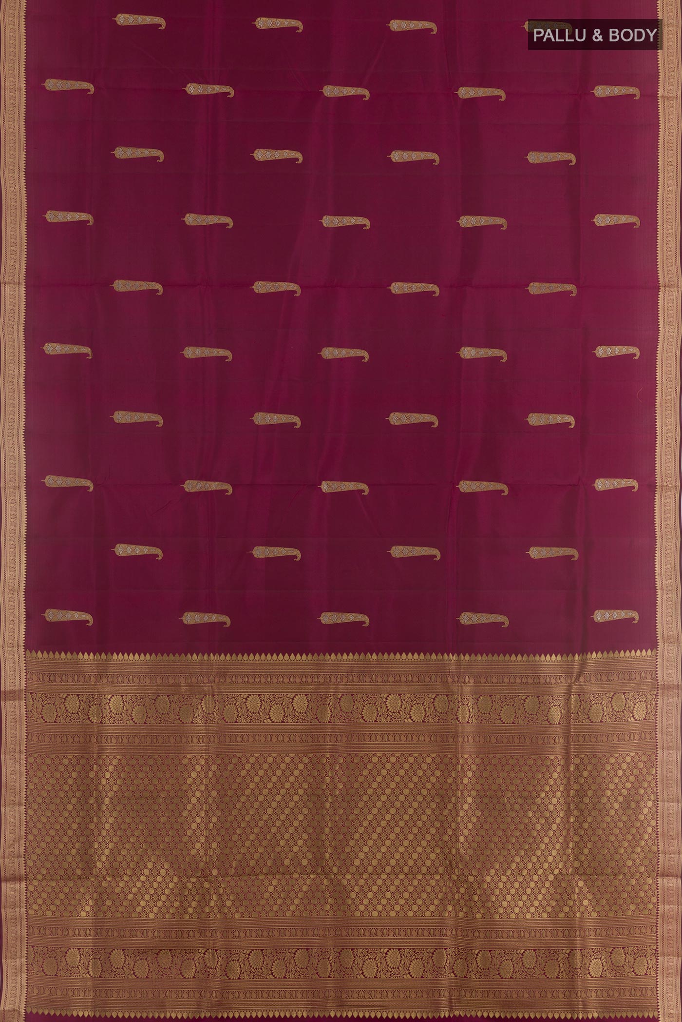 Flat view of Purple Dual Tone Soft Silk Saree with Zari Butta on the body and Zari Border. 