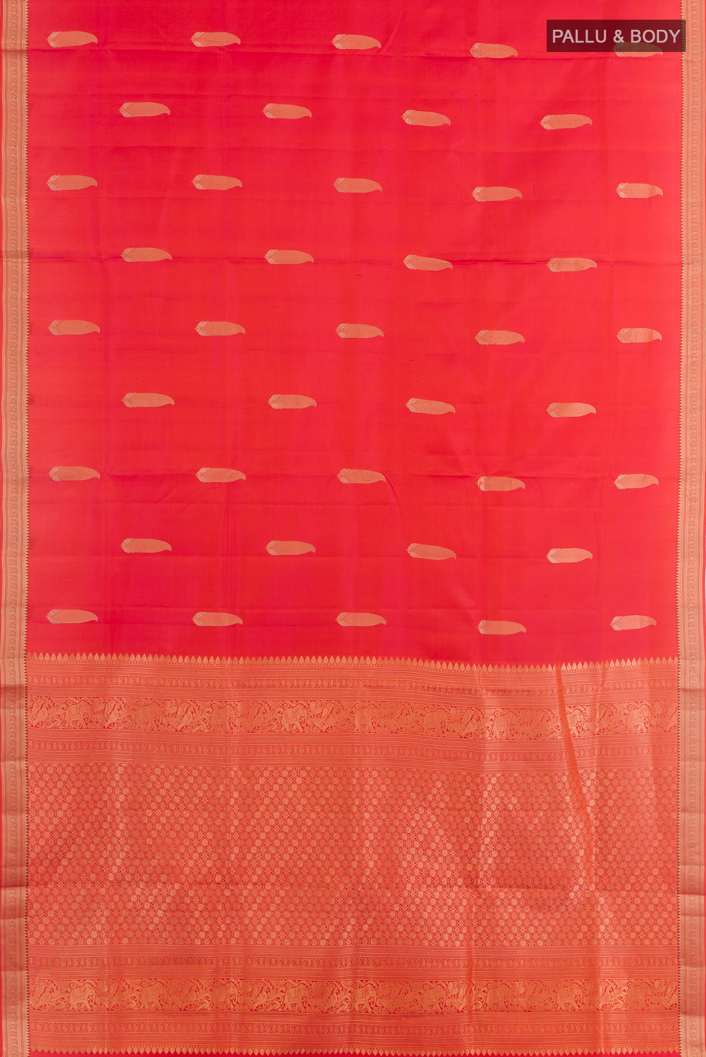 Flat view of Pink Dual Tone Soft Silk Saree with Zari Butta on the body and Zari Border. 