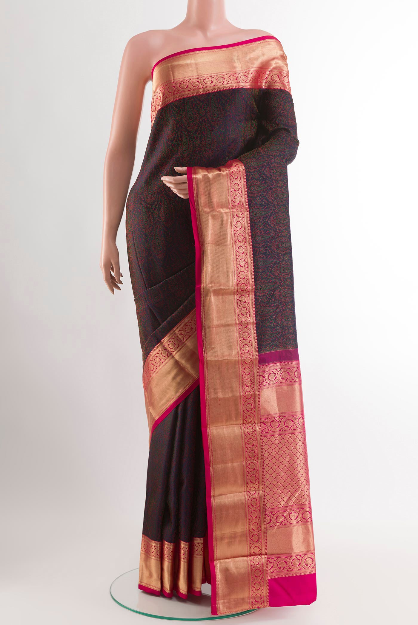 Purple Dual Tone Kanchipuram Silk Saree with Jacquard design on the body and Zari Border.  displayed on a mannequin