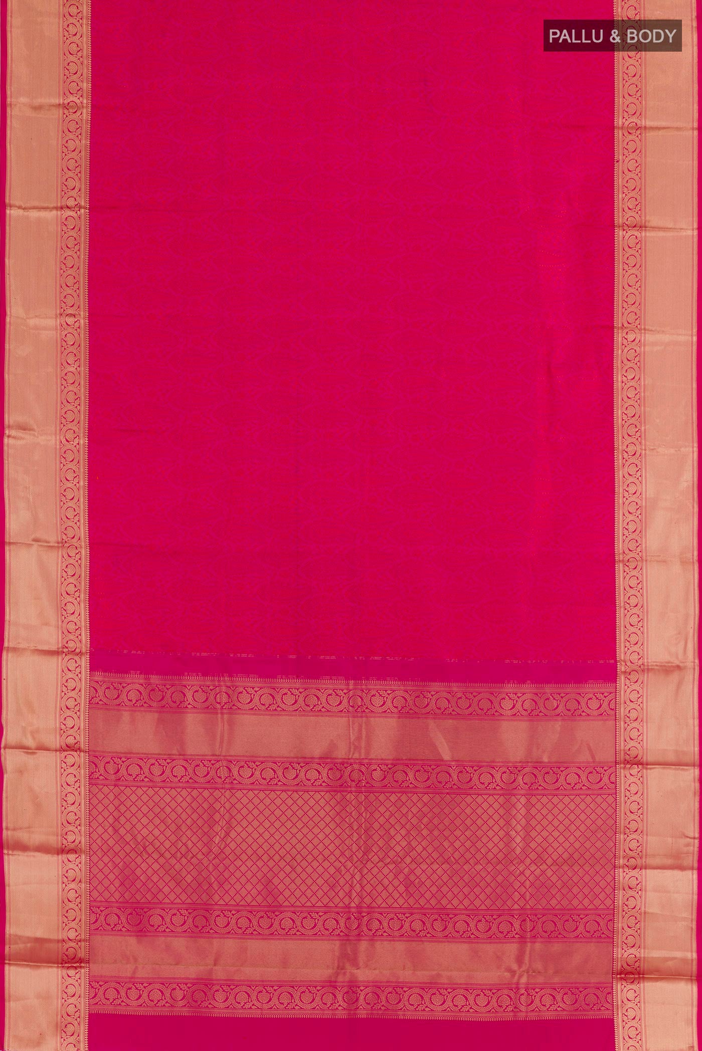 Flat view of Pink Dual Tone Kanchipuram Silk Saree with Jacquard design on the body and Zari Border. 