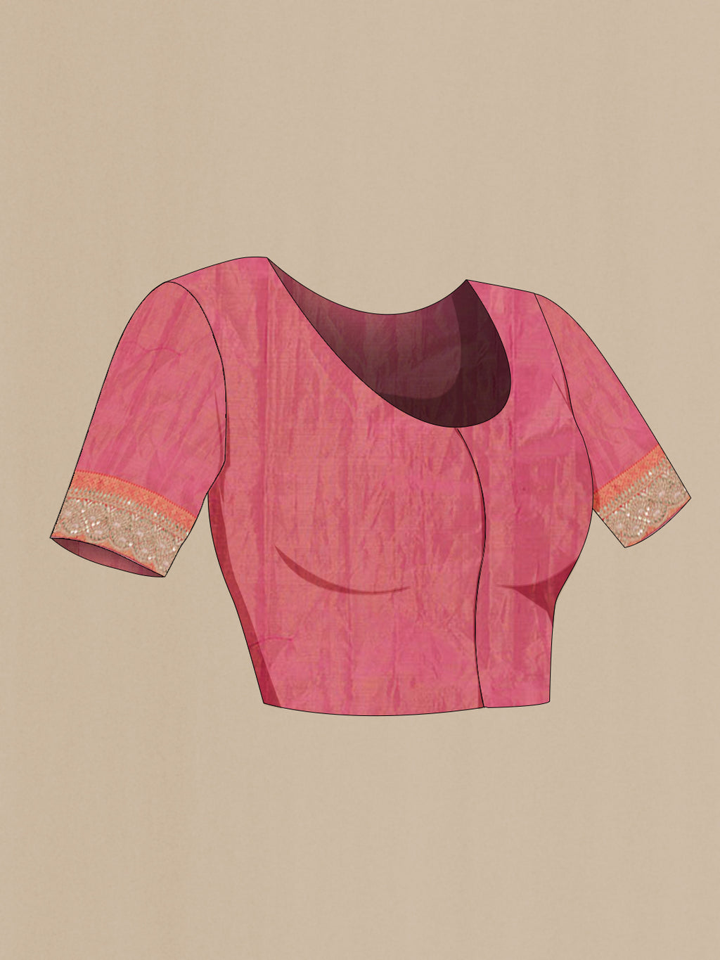 Close up image of the blouse of Pink Tissue Silk Saree with Zari Brocade on the body and Embroidery Border. 