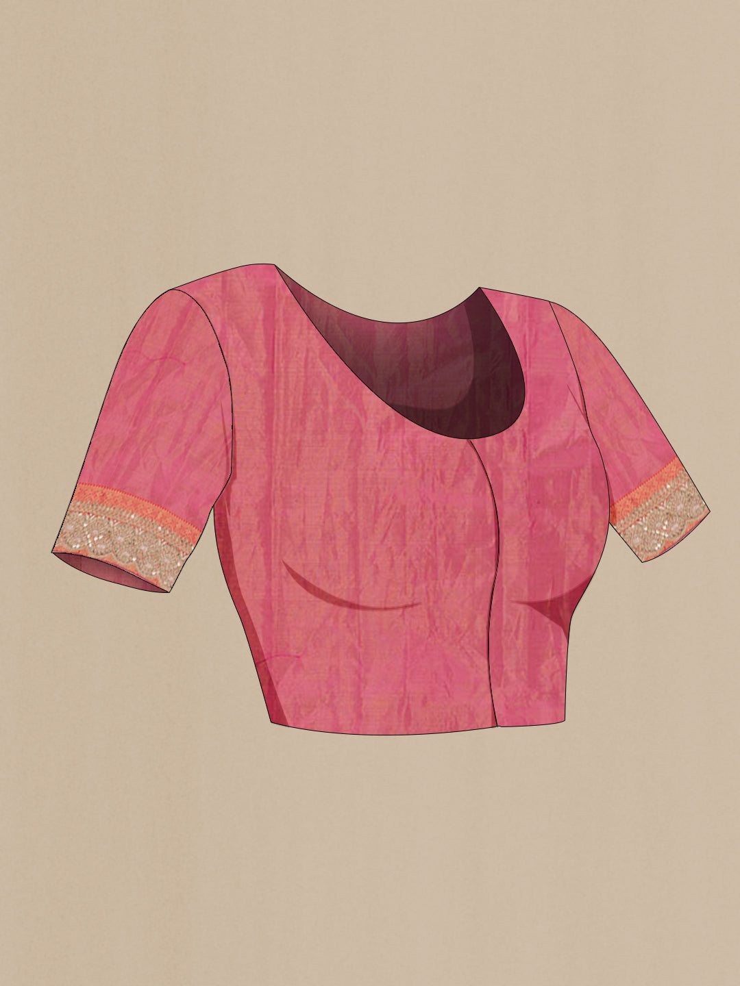 Close up image of the blouse of Pink Tissue Silk Saree with Zari Brocade on the body and Embroidery Border. 