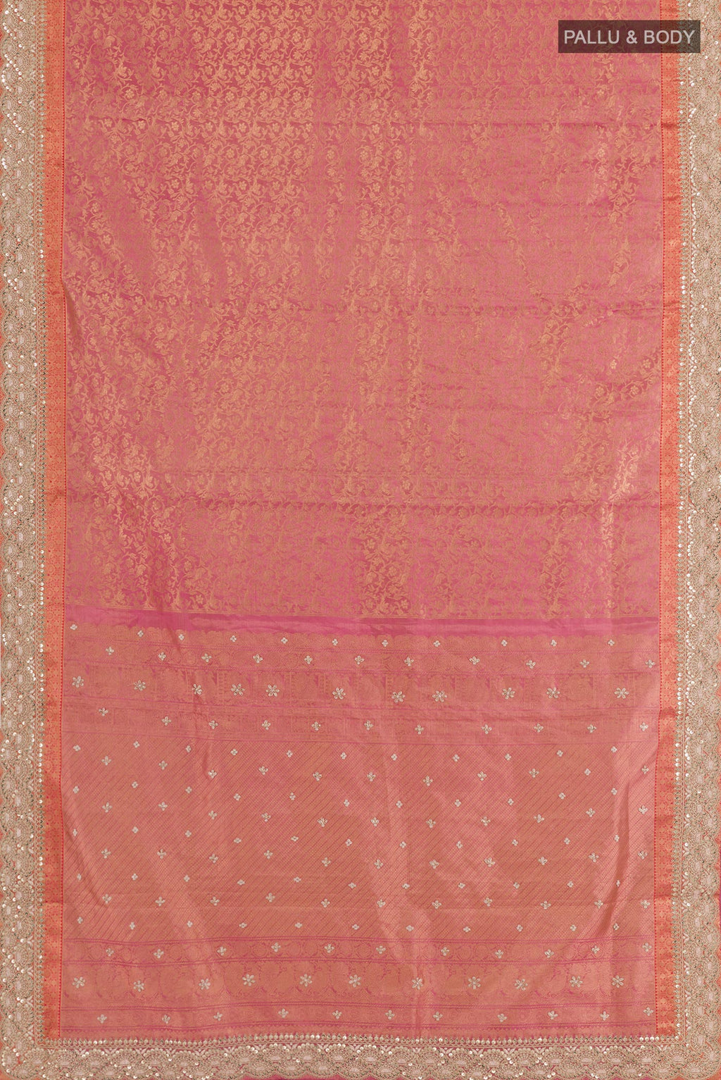 Flat view of Pink Tissue Silk Saree with Zari Brocade on the body and Embroidery Border. 