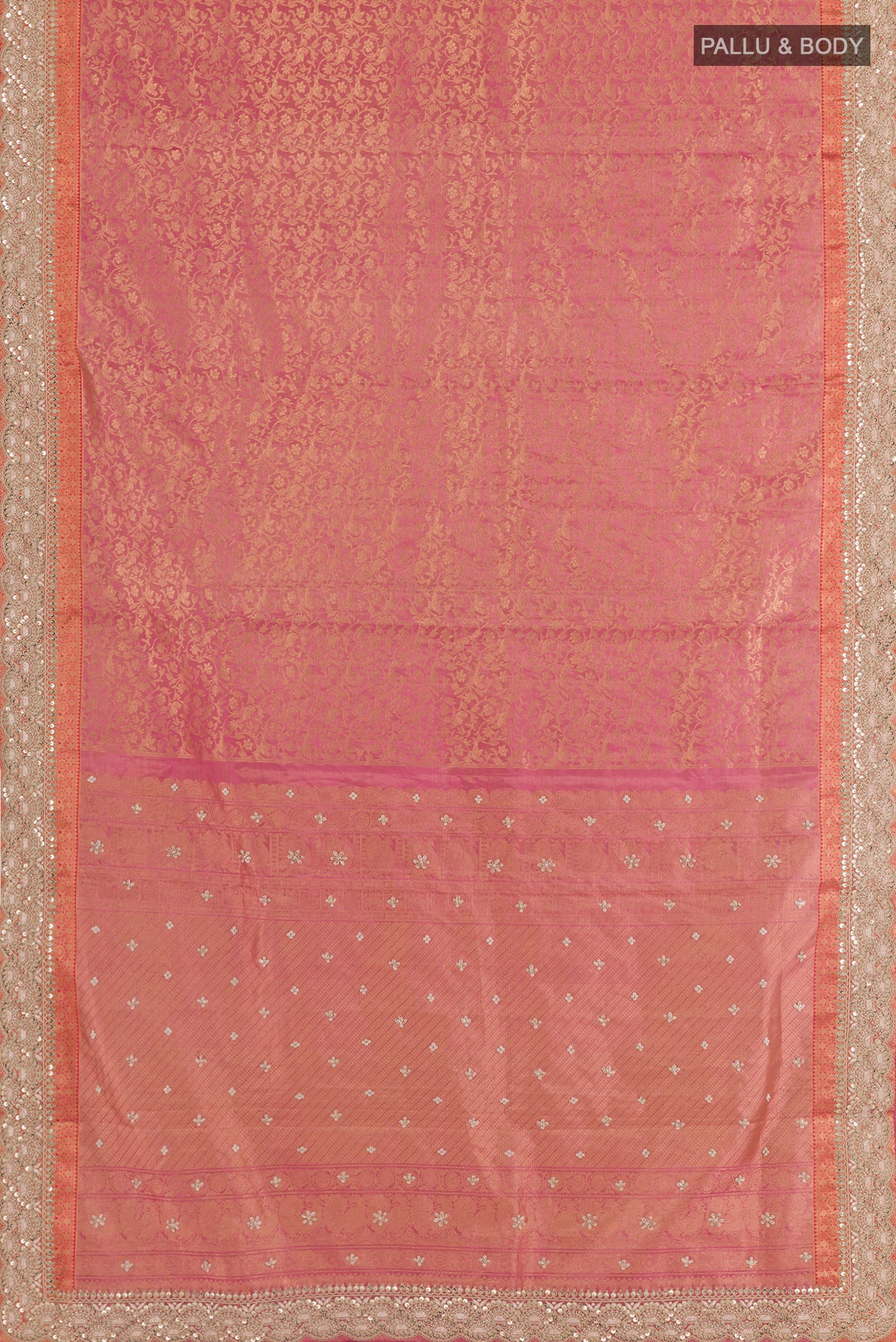 Flat view of Pink Tissue Silk Saree with Zari Brocade on the body and Embroidery Border. 
