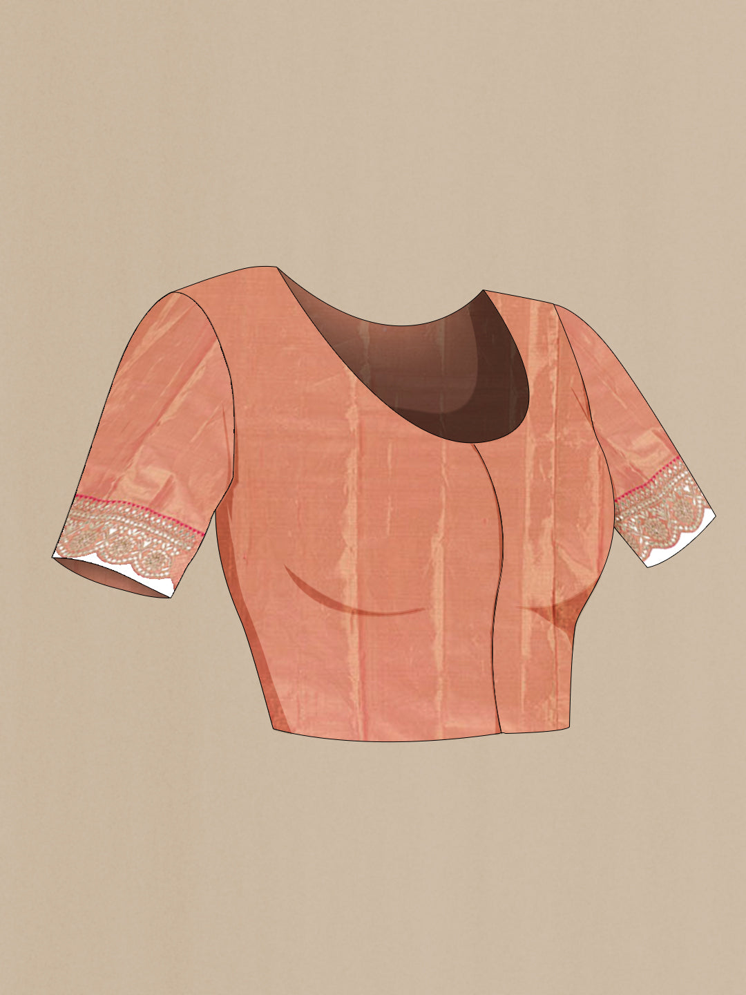 Close up image of the blouse of Rose Gold Tissue Silk Saree with Zari Brocade on the body and Embroidery Border. 