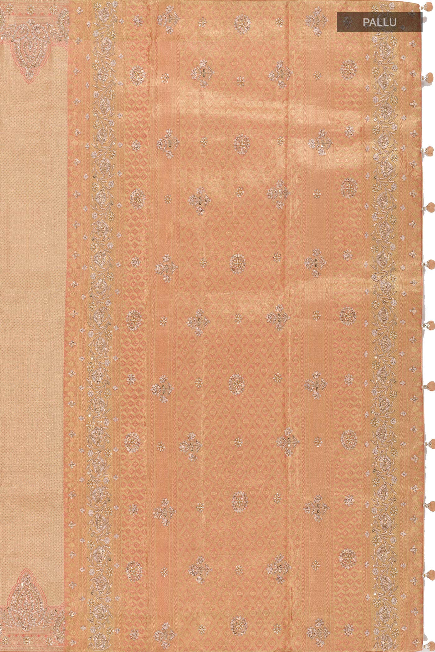Close up image of the pallu of Golden Tissue Silk Saree with Zari Brocade on the body and Embroidery Border. 