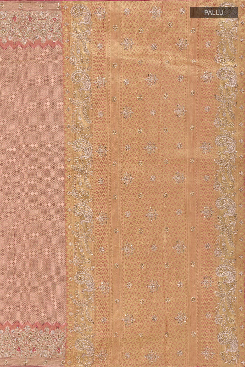 Close up image of the pallu of Rose Gold Tissue Silk Saree with Zari Brocade on the body and Embroidery Border. 
