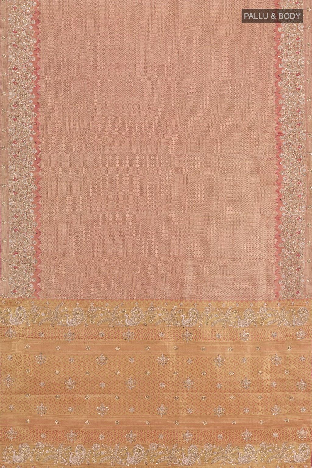 Flat view of Rose Gold Tissue Silk Saree with Zari Brocade on the body and Embroidery Border. 
