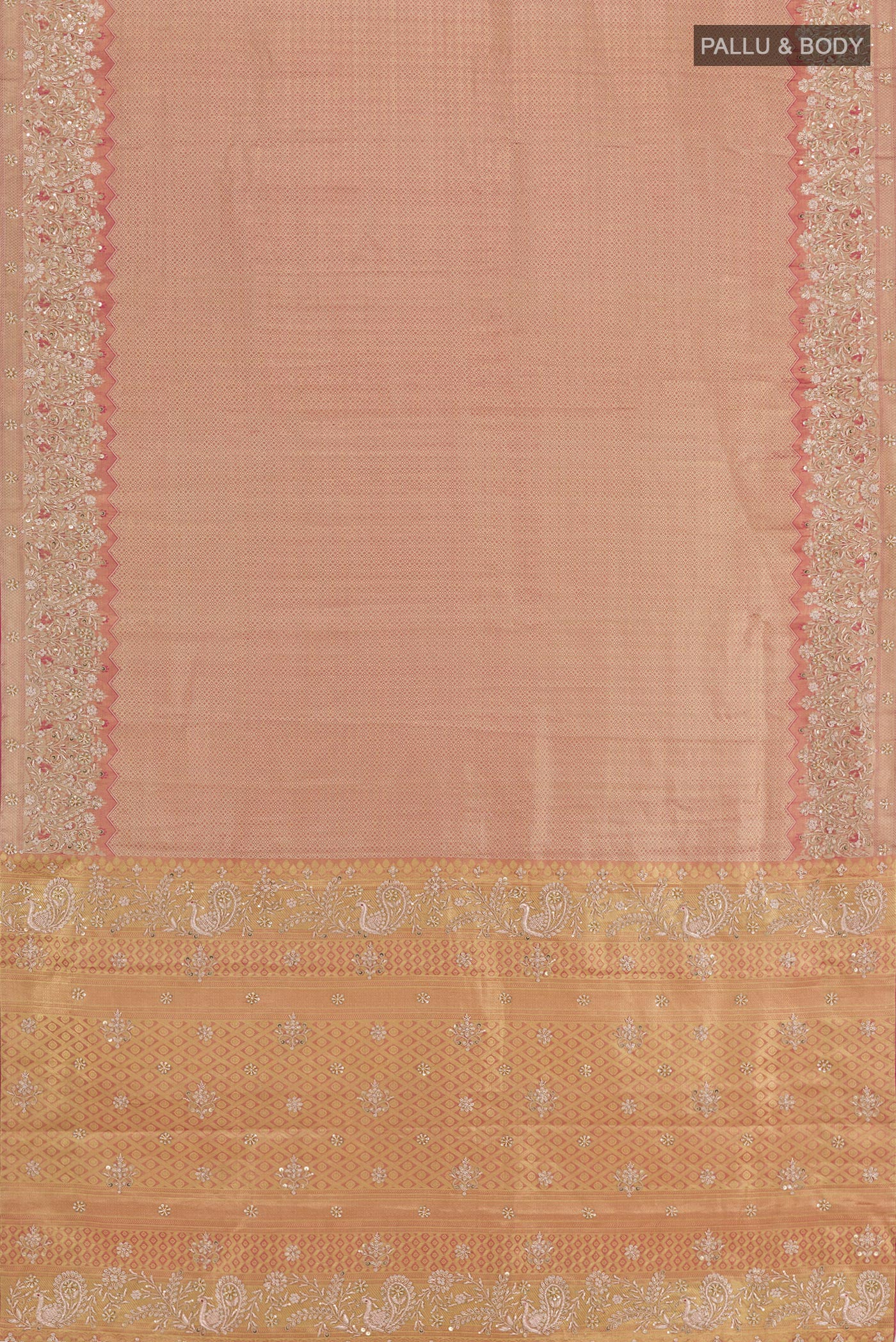 Flat view of Rose Gold Tissue Silk Saree with Zari Brocade on the body and Embroidery Border. 