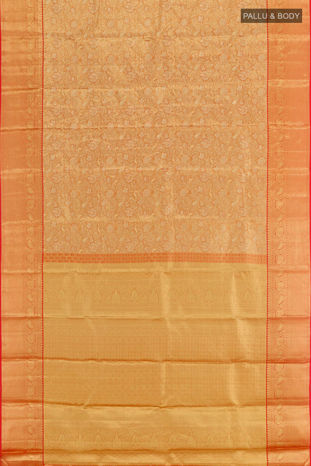Flat view of Golden Peach Kanchipuram Silk Saree with Zari Brocade on the body and Zari Border. 