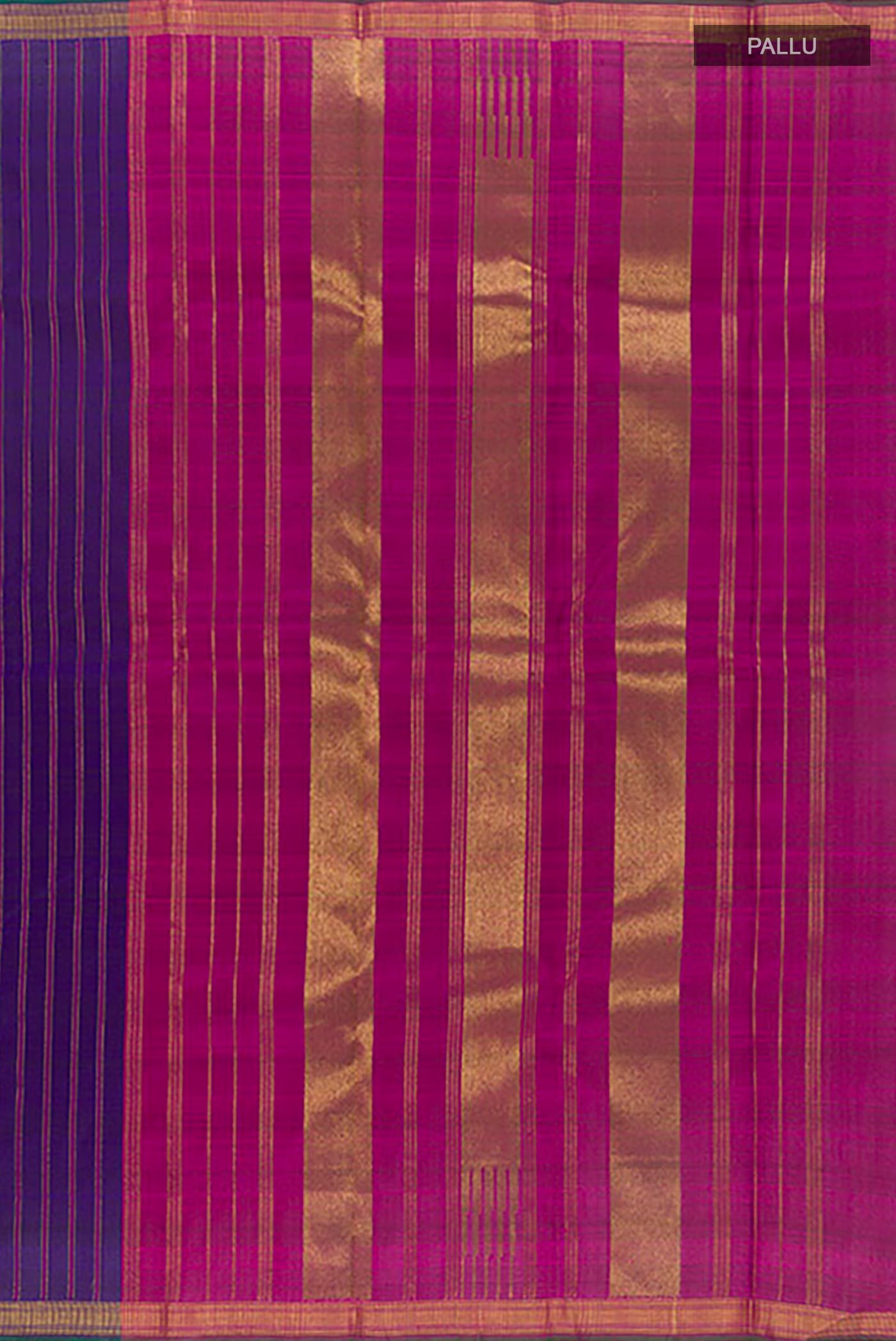 Close up image of the pallu of Purple Kanchipuram Silk Saree with Stripes on the body and Zari Border. 