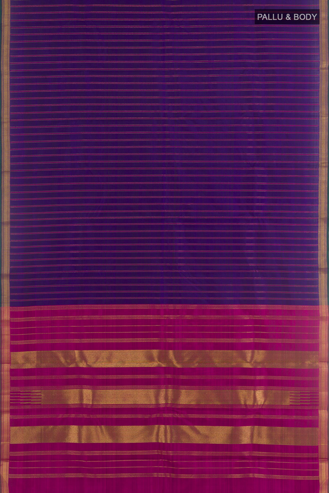 Flat view of Purple Kanchipuram Silk Saree with Stripes on the body and Zari Border. 