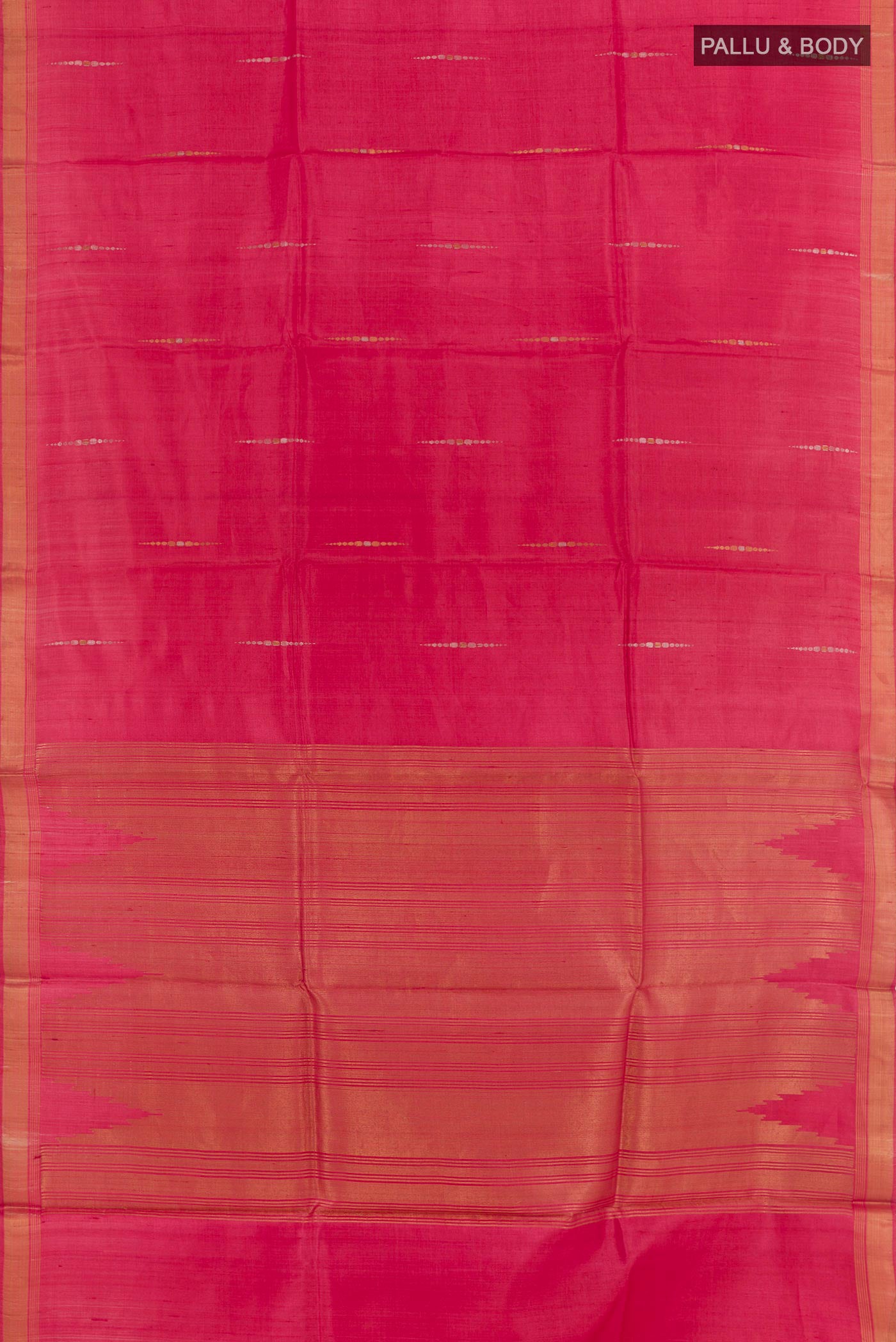 Flat view of Red Tussar Silk Saree with Zari Butta on the body and Zari Border. 