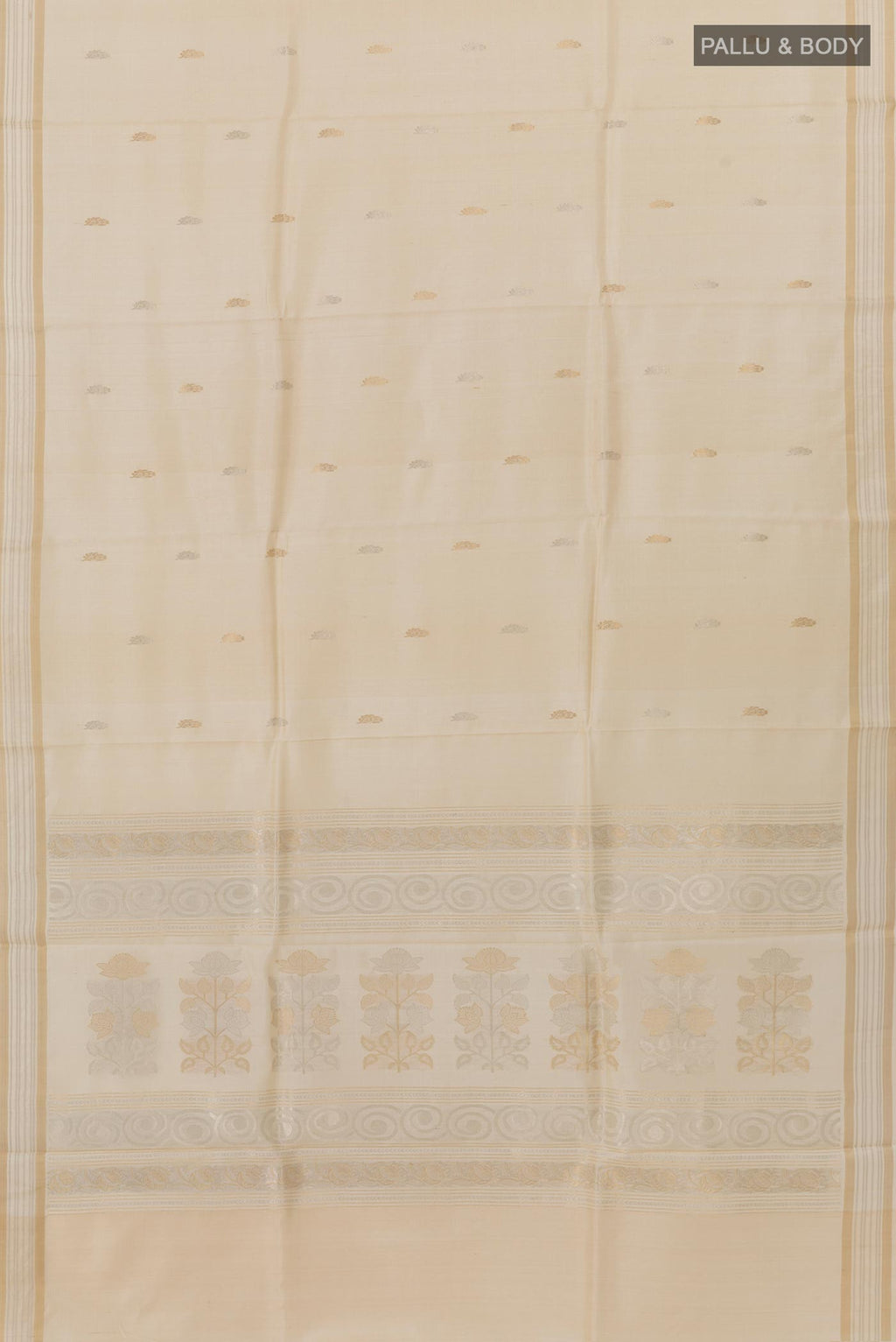 Flat view of Off White Tussar Silk Saree with Zari Butta on the body and Zari Border. 