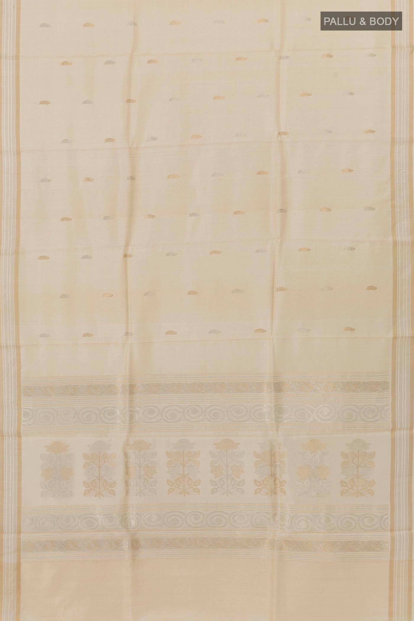 Flat view of Off White Tussar Silk Saree with Zari Butta on the body and Zari Border. 