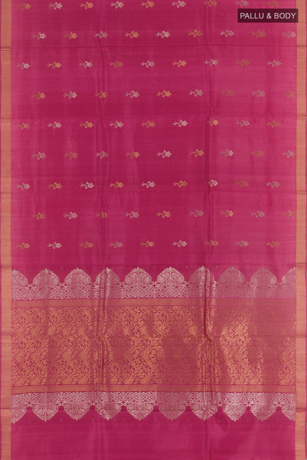 Flat view of Magenta Tussar Saree with Zari Butta on the body and Zari Border. 