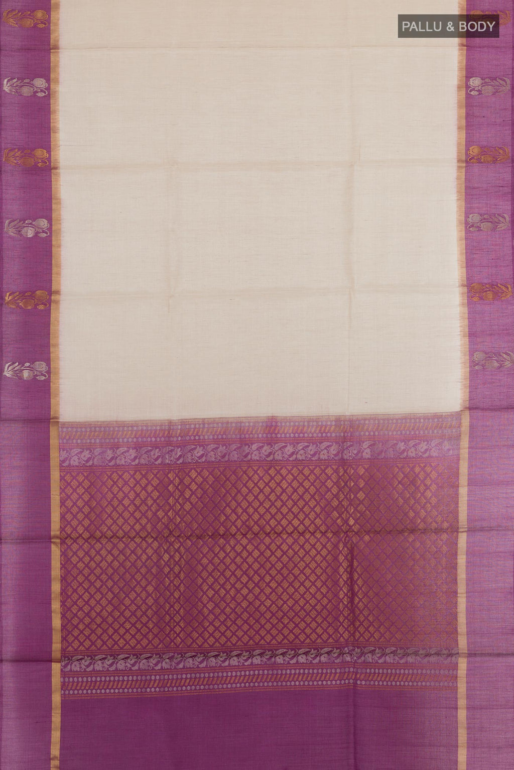 Flat view of Off White Tussar Silk Saree with Plain Body and Zari Border. 