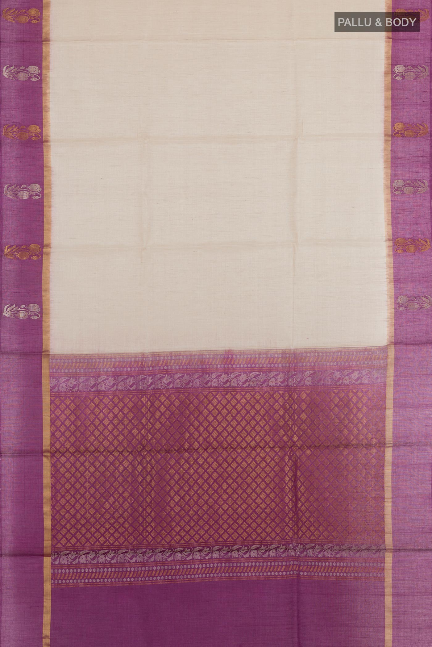 Flat view of Off White Tussar Silk Saree with Plain Body and Zari Border. 