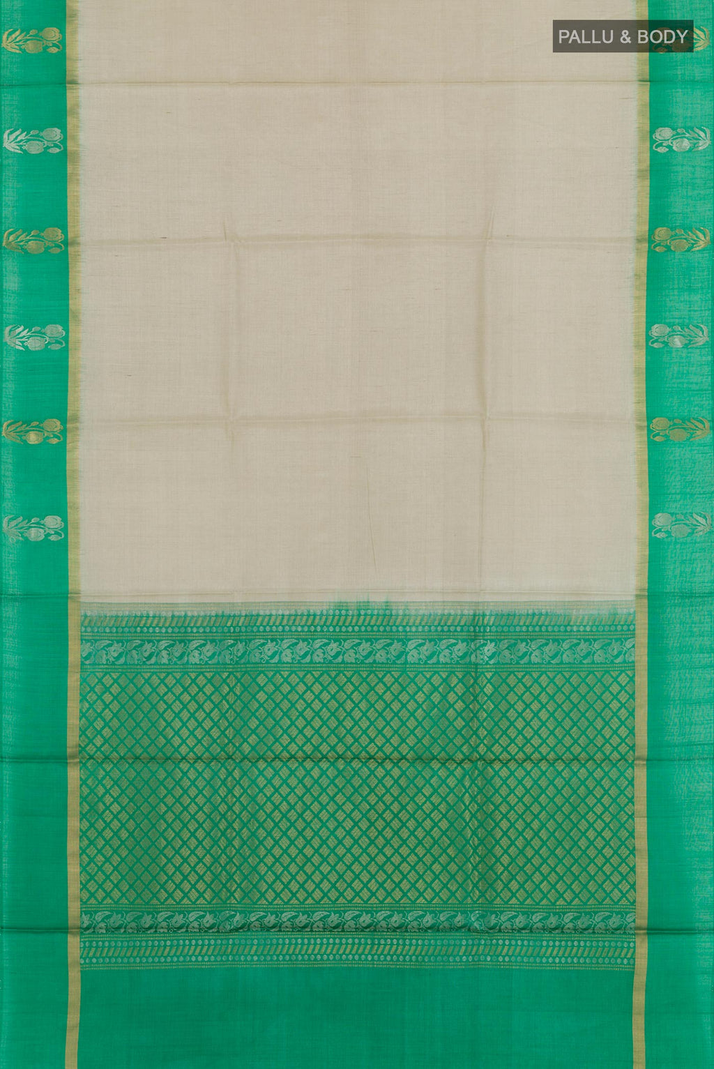 Flat view of Grey Tussar Silk Saree with Plain Body and Zari Border. 