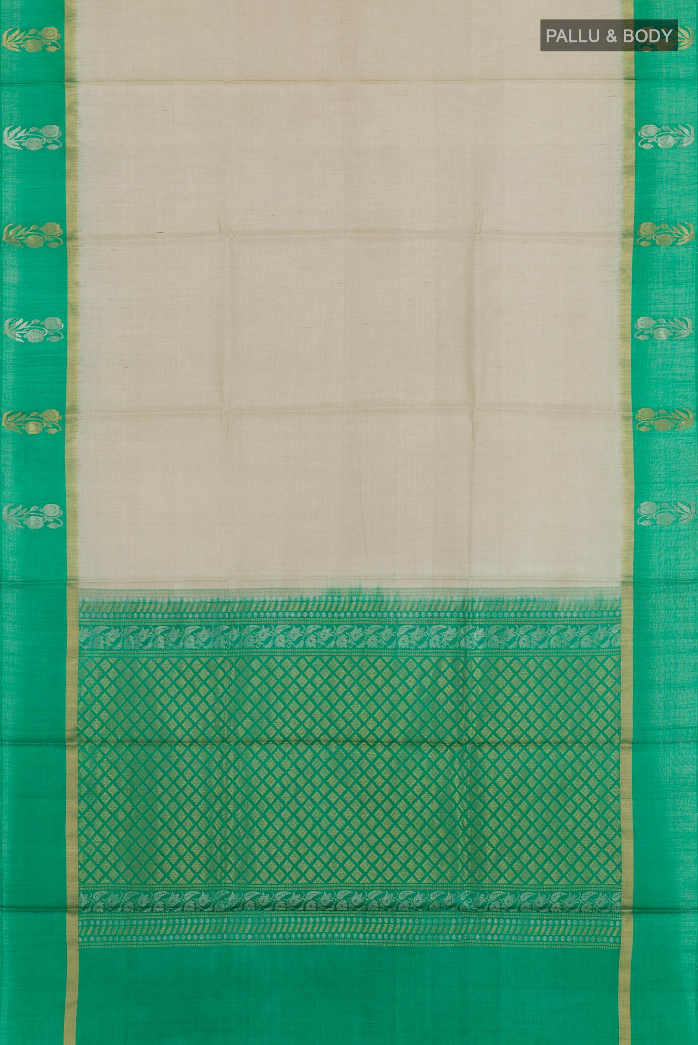 Flat view of Grey Tussar Silk Saree with Plain Body and Zari Border. 