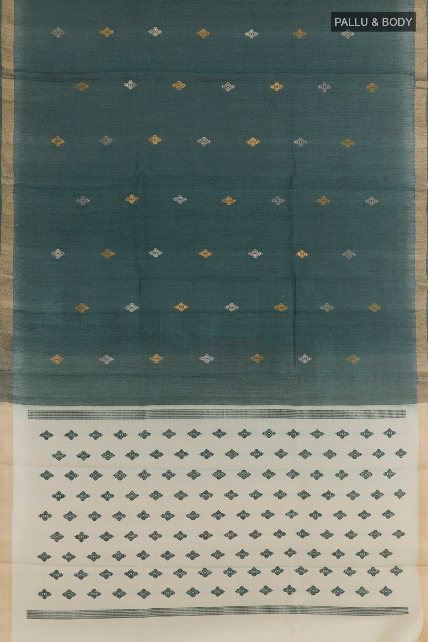 Flat view of Bottle Green Tussar Silk Saree with Zari Butta on the body and Zari Border. 