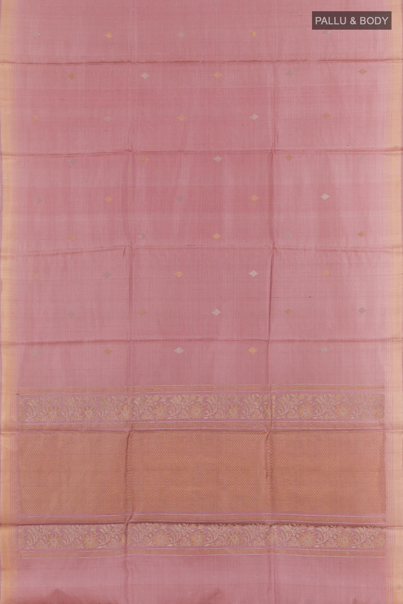 Flat view of Imperial Pink Tussar Silk Saree with Zari Butta on the body and Zari Border. 