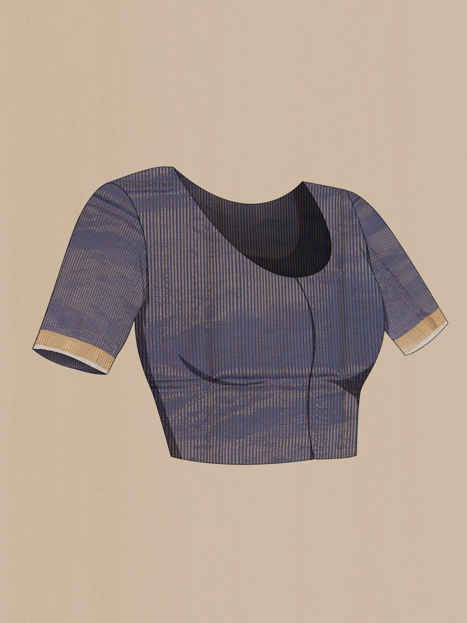 Close up image of the blouse of Blue Tussar Saree with Zari Butta on the body and Zari Border. 