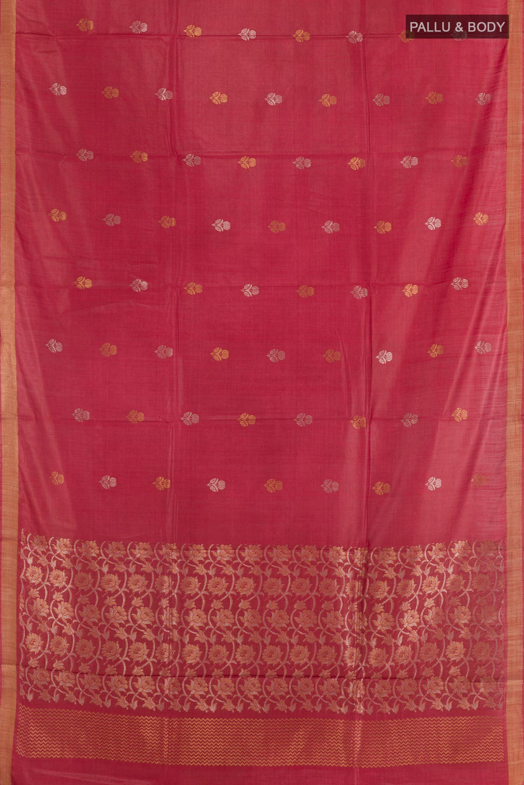Flat view of Maroon Tussar Silk Saree with Zari Butta on the body and Zari Border. 